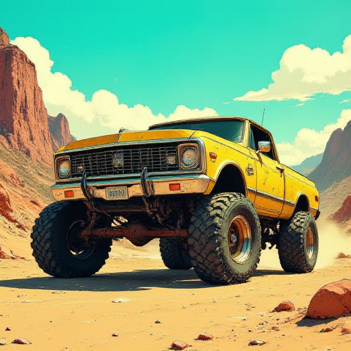 Vehicle, digital illustration of a heavily modified, yellow 1970s muscle car with massive, rugged, off-road tires and a lifted suspension. The car's front end is slightly weathered, with large, round headlights and a classic, rectangular grille. The yellow paint is chipped, revealing some rust and wear. The car is positioned in a desert landscape with tall, rocky cliffs in the background under a clear, blue-green sky with fluffy white clouds. The sandy, rocky desert ground is textured with small stones and shadows from the car. The illustration has a vintage, comic book style with bold lines and a slightly muted color palette. The car's front license plate is visible, adding a realistic touch to the otherwise exaggerated and stylized depiction.