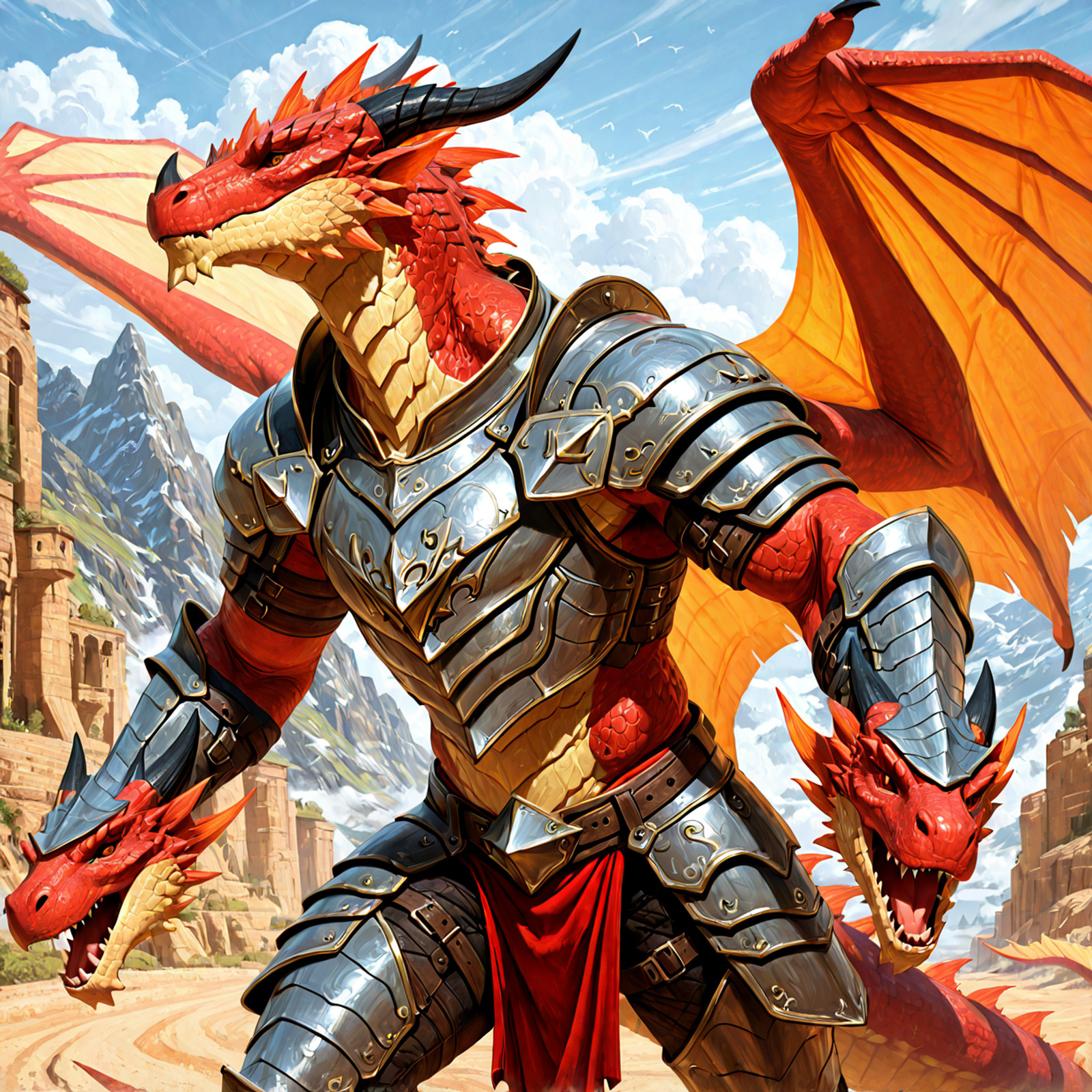 realistic, dragon, anthro, scalie, armor, outdoors, day, solo