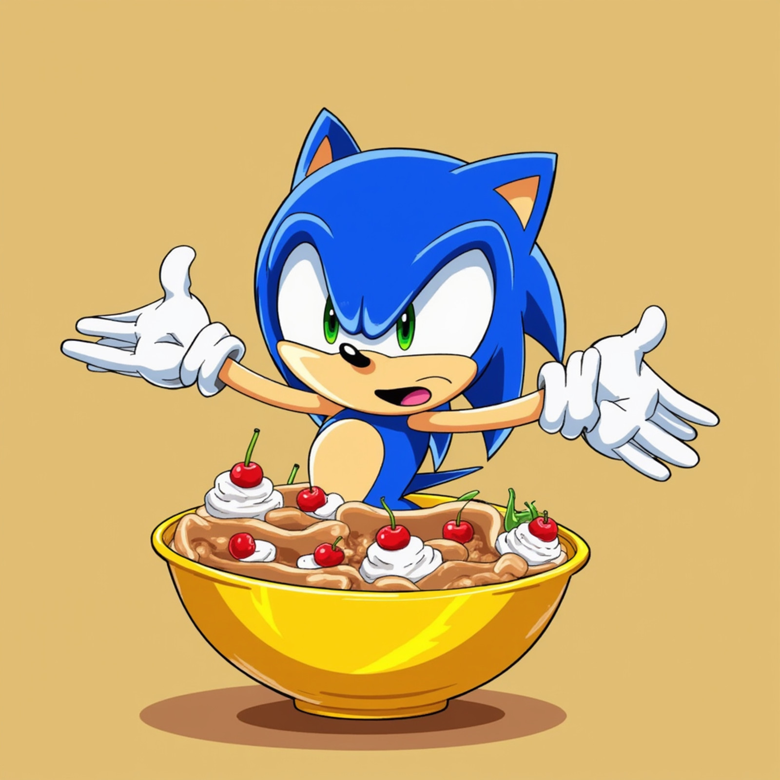 Sonic standing in a yellow bowl filled covered in human sundae. His arms are outstretched He's having a blast, laughing and enjoying the fun..
