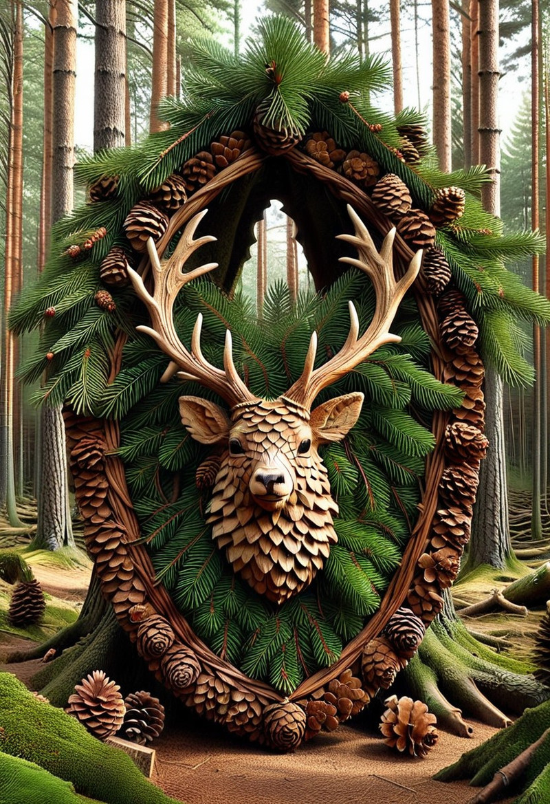 "A majestic and intricate forest-themed heraldic coat of arms, made of living fir needles and forest materials