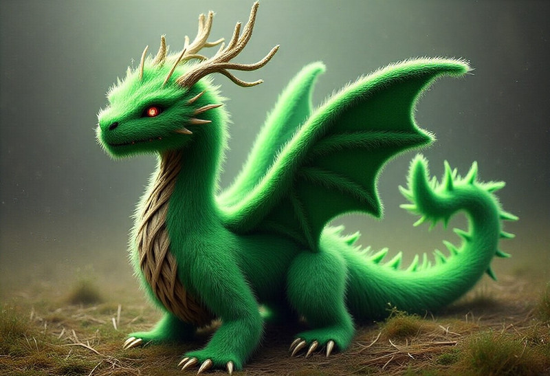 An dragon  made of green fur needles