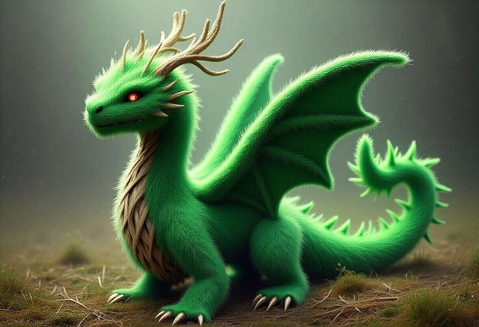 An dragon  made of green fur needles