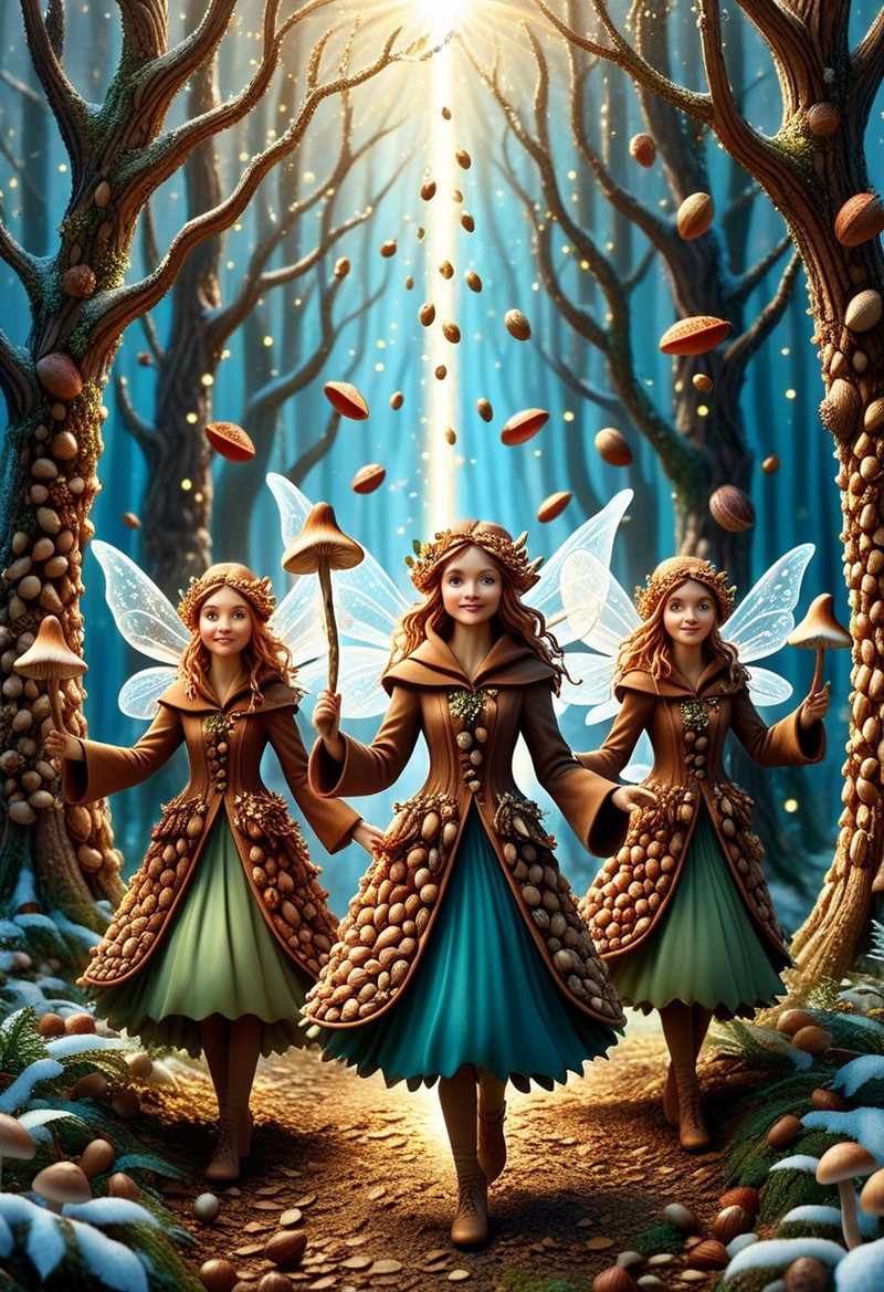 nutstylesnut, a group of flying and dancing forest faeries wearing long elegant winter coats embellished with