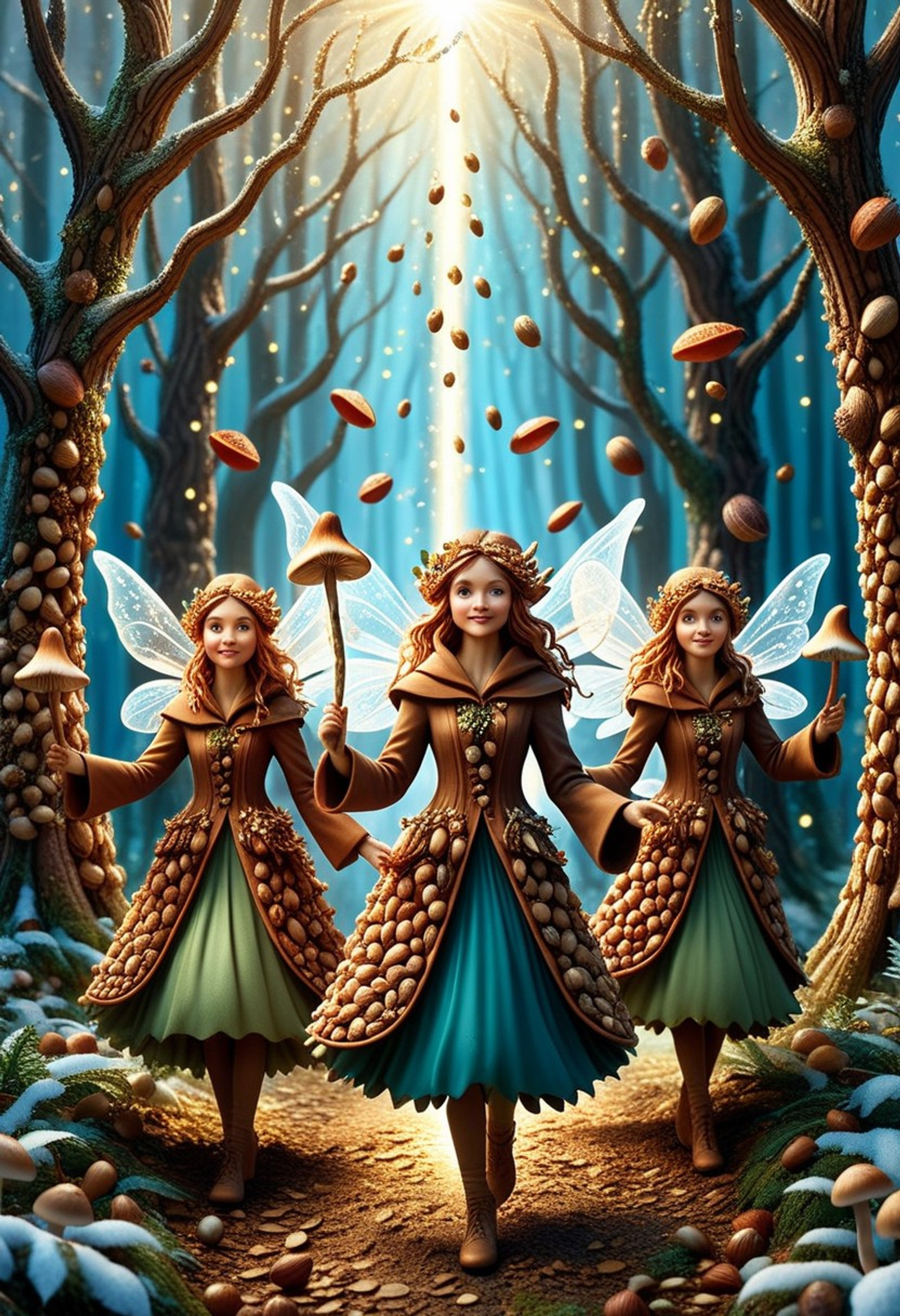 nutstylesnut, a group of flying and dancing forest faeries wearing long elegant winter coats embellished with nuts, going through forests and sending magical energy of abundance with their magic wands, small particles of lights and nuts runs from the wands to fruit-bearing trees and edible mushrooms, beautiful foliage and sunbeams, highly detailed, high fantasy, best quality, masterpiece