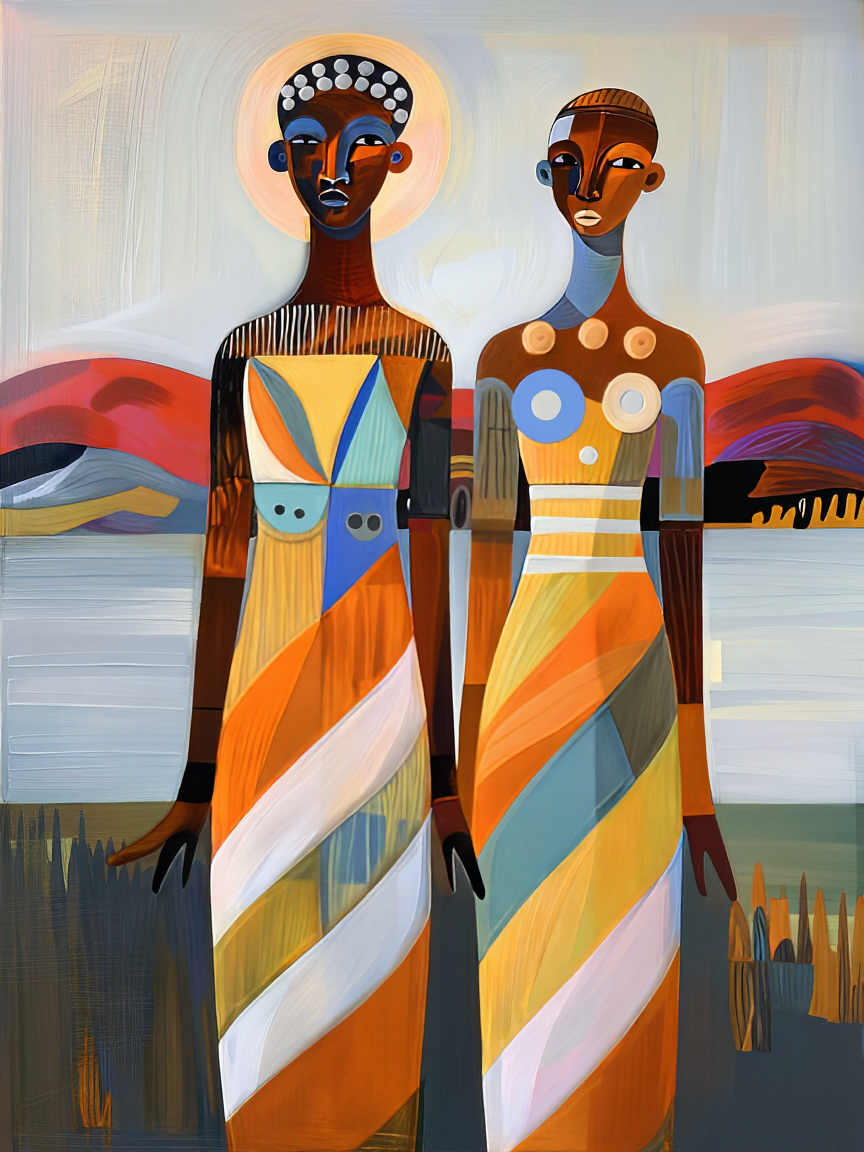 Victochenko art style: Two elegant African figures stand side-by-side against a serene landscape of rolling hills, calm water, and distant red mountains under a soft sky; one figure is crowned with a radiant halo while both are draped in vibrant, geometrically patterned robes featuring bold stripes of orange, yellow, blue, white, and teal â rendered with rich texture and stylized form reminiscent of mid-century modernist expressionism, evoking the symbolic grace and cultural depth characteristic of Viktor Tkachenkoâs visionary compositions. <lora:Victor_Tkachenko_E16:0.8>