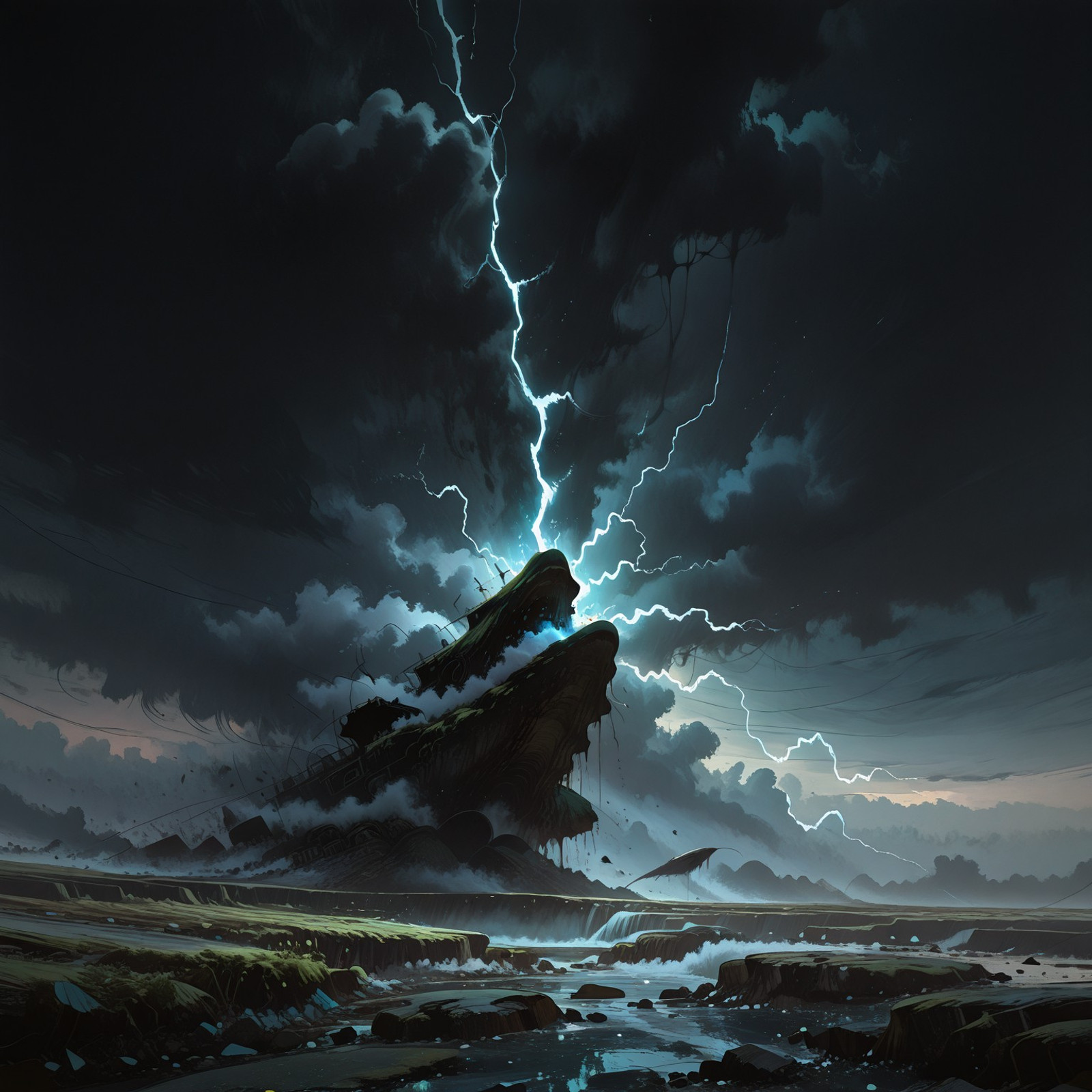 masterpiece, best quality, amazing quality, absurdres, newest, ultra high resolution, nohumans | BREAK

blissful islands of peace and calm tossed about by liquid thunder, electrified oceans, crackling with lightning, fish leaping through the air, raw fear and a blackened sky, a charred sky of torment, the air shatters into thousands of fragments, the place where no man has gone

SoulStain, Gl9w, scnr