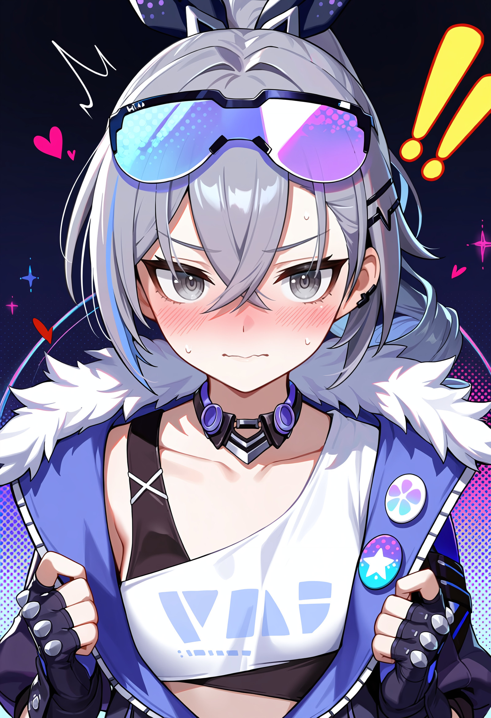 honkai: star rail, honkai \(series\), silver wolf \(honkai: star rail\), !, !!, 1girl, badge, black gloves, black jacket, blush, button badge, collarbone, drill hair, embarrassed, eyewear on head, fingerless gloves, gloves, grey eyes, grey hair, heart, jacket, long hair, ponytail, purple-tinted eyewear, shirt, tinted eyewear, white shirt, A shot with tension, official art, cinematic, fashion photography style, visual impact, sharp focus, very aesthetic, extreme aesthetic, sensitive, incredibly absurdres, 8K, intricate details, ultra detailed, HDR, high contrast, high detail RAW color art, dynamic pose, dynamic composition, dark theme, masterpiece, highres, absurdres, newest, best quality, score_7honkai: star rail, honkai \(series\), silver wolf \(honkai: star rail\), !, !!, 1girl, badge, black gloves, black jacket, blush, button badge, collarbone, drill hair, embarrassed, eyewear on head, fingerless gloves, gloves, grey eyes, grey hair, heart, jacket, long hair, ponytail, purple-tinted eyewear, shirt, tinted eyewear, white shirt