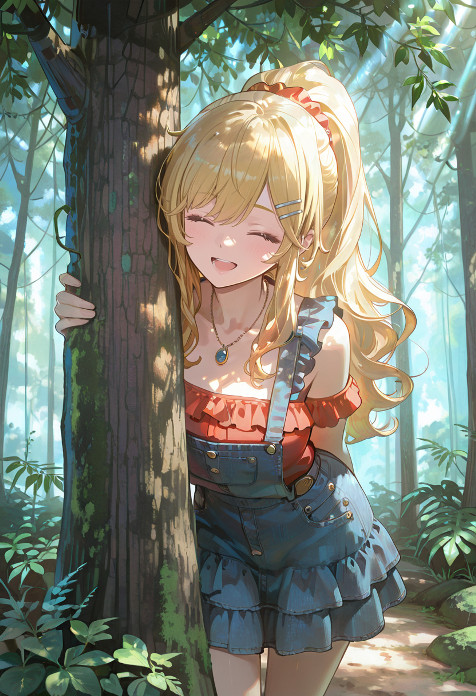 1girl, solo, lazypos, anime-style, detailed background, pastel colors, delicate, dreamy, soft shading, bright and vibrant,
cinematic lighting,volumetric lighting,ray tracing,dramatic shadows,dappled light, over-the-shoulder, looking at viewer,
filtered sunlight through leaves,
old forest, soft ground moss, ferns,
<lora:Hololive - Kaela Kovalskia 2.0 (IL):0.5> kaela20, blonde hair, closed eyes, smile, open mouth, wide high ponytail, long hair, wavy hair,
<lora:Sweet_Blue_Retro_Denim_Cake_Skirt_Set-10:1> Sweet_Blue_Retro_Denim_Cake_Skirt_Set, sleeveless, red shirt, (overall skirt), layered skirt, denim skirt, necklace, frills, hairclip,
leaning to the side, (peeking out:1.2),(hiding behind tree:1.9),(left half is hidden:1.5), hands on tree,large tree trunk,
dynamic pose, foreshortening, extreme perspective,
<lora:USNR_STYLE_ILL_V1_lokr3:0.5> usnr
<lora:WSSKX_WAI:0.4>
<lora:TRT(Illust)0.1v:0.65> 
<lora:Peeking_Out-IL:0.8>
