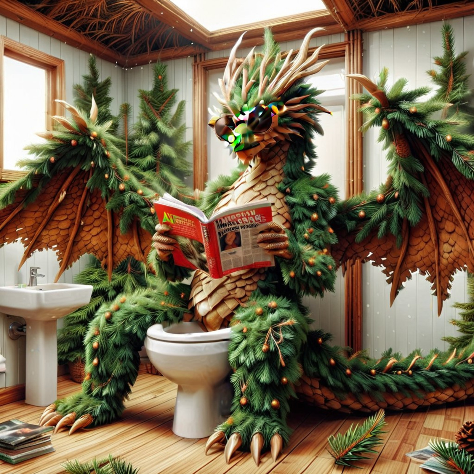 fir needles, bone fir needles Dragon, A massive humanoid dragon made of fir needles sitting on a toilet, has afro, wearing massive sunglasses, reading a magazine. in a bathroom, magazine in hand, sunglasses, massive sunglasses, light reflecting on sunglasses, reading magazine, sitting on toilet, in a fir needles bathroom, fir needles wings, (wall style made out of fir needles), ((surreal)), ((witty)), ((aeaesthetic)) humorous, raining green leaves, greenery outer space made of fir needles, masterpiece, high quality, highly detailed texture.