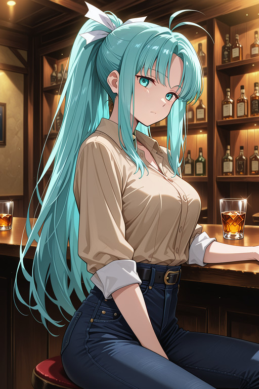masterpiece, best quality, amazing quality, very aesthetic, absurdres, newest, anime screencap, anime colouring, highres, very detailed, anime, good anatomy, unholy-aesthetic, ultra detailed face,ultra detailed eyes, perfect eyes,

herencia,

night, bar (place), indoors,

1girl, solo,

m1a, aqua hair, parted bang, high ponytail, long hair, antenna hair, sidelocks, aqua eyes, medium breasts,
hair ribbon, white ribbon,

business shirt, beige shirt, black jeans, (low jeans:1.2), black belt, rolled up sleeves,

whiskey glass,

{
sitting|
sitting, from above|
sitting, from behind|
sitting, sideview|
sitting, leg spread|
sitting, head resting on hand|
sitting, dynamic pose
},

bored, 

looking at viewer,

addmicrodetails,