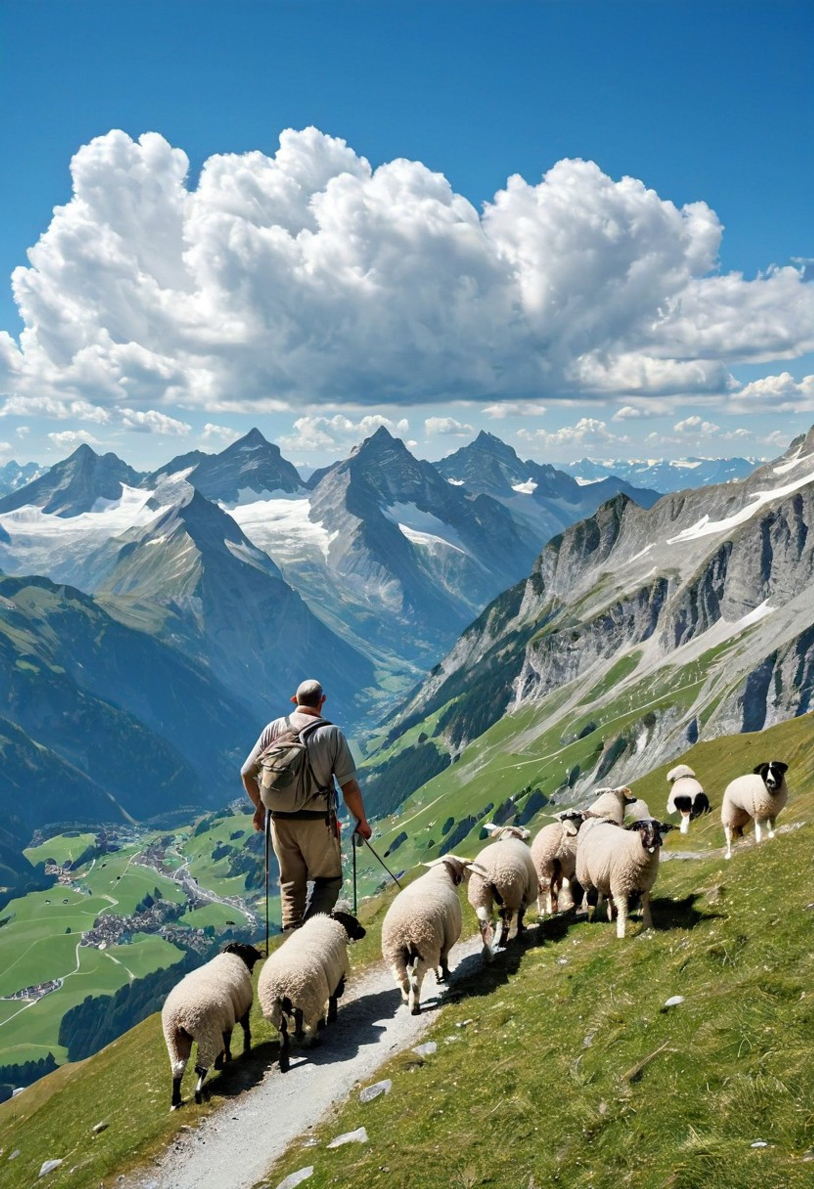 Swiss Alps, shepherd with his sheep and dog climbing a mountain, Swiss Alps background, blue sky and cirrus cloud