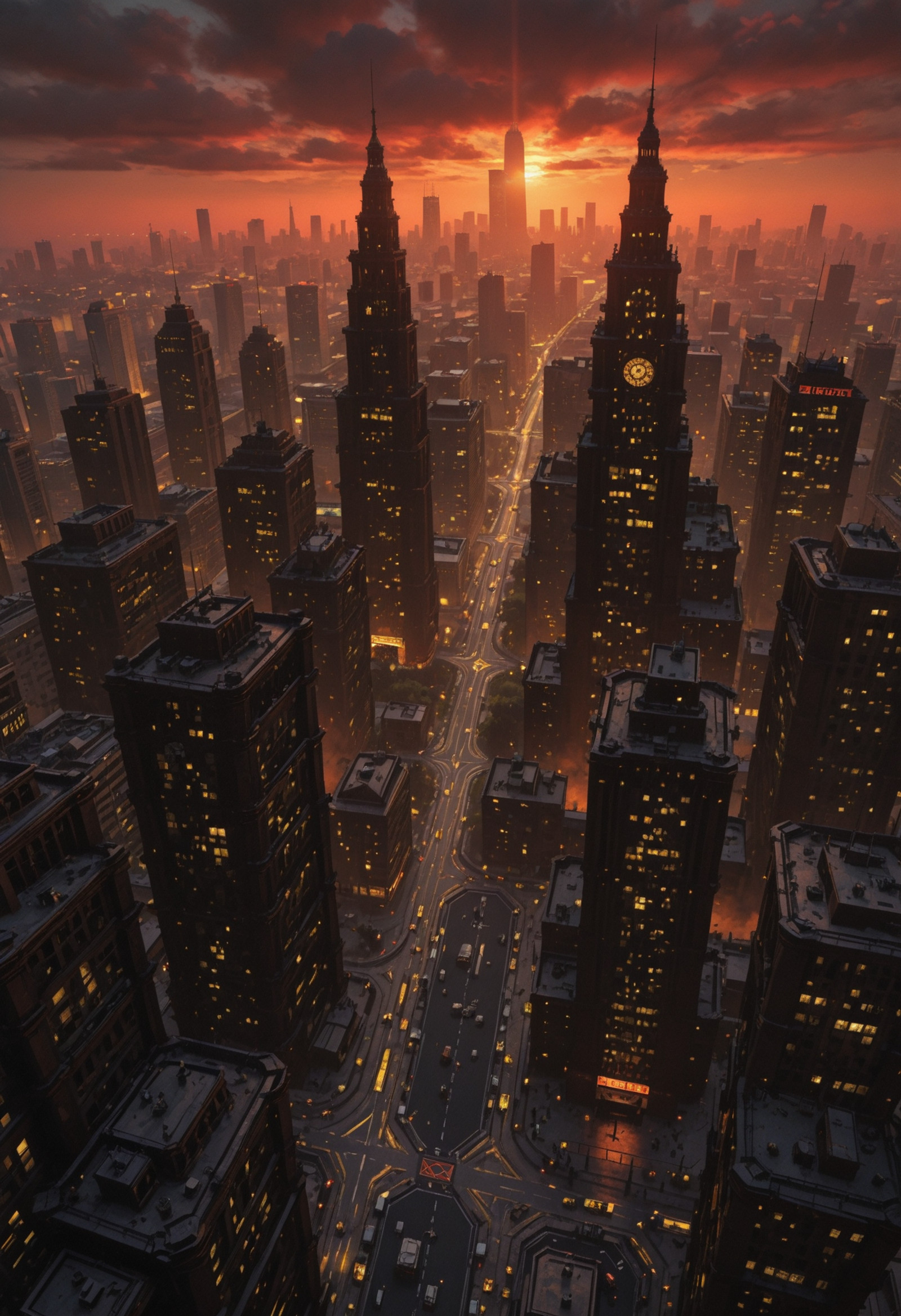 ultra-HD, 8K, ultra detailed, concept art, masterpiece, best quality, amazing quality, newest, absurdres, highres, masterwork, detailed, high detail, very aesthetic, great atmosphere, amazing ambience, perfect composition, sharp focus, dramatic lighting, intricate, dynamic, rich color, (red and black theme), scenic, background, ((action, dynamic, professional, skyscraper, bright city skyline view)), (96yottea, tamberella, 43 pon, 1=2:0.3), BurstDaal, linele55fantasy, no lineart, patterned clothes, cinematic, extremely beautiful, stunning, highly elaborate