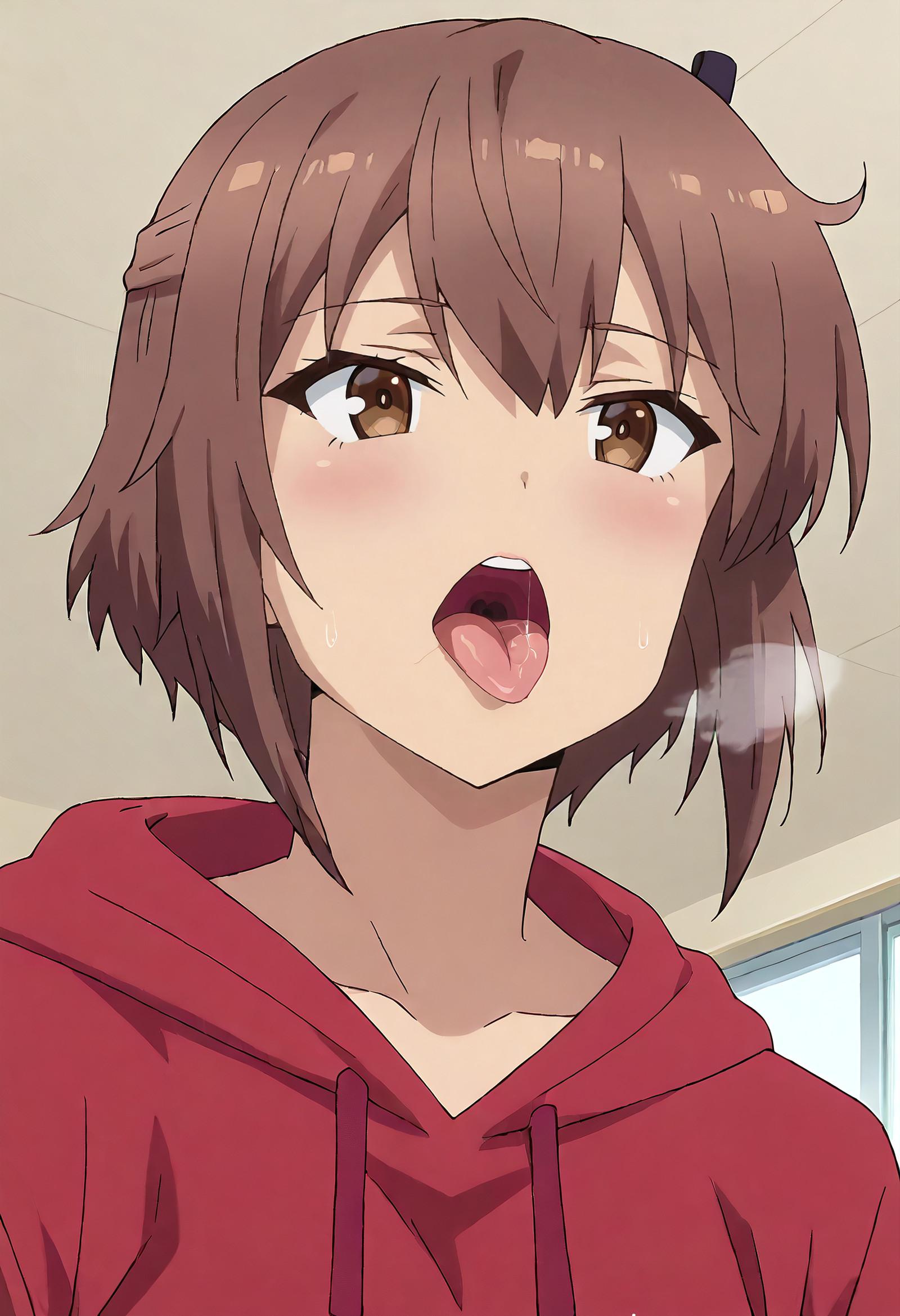    score_9, score_8_up, score_7_up, source_anime, anime_screencap, detailed_face, Tongue between lips, heavy breathing, eyes glazed, flushed face, TNMKanami, short_hair, brown_hair, brown_eyes, hair_between_eyes,  solo, red hoodie, sweatpants,  kneeling, from behind, low-angle view, <segment:girl's face,0.55,0.2//cid=11> absurdres, masterpiece, detailed face, perfect face, correct face, perfect anatomy, accurate, sharp lines, beautiful, extremely detailed, source_anime, anime screencap, Tongue between lips, heavy breathing, eyes glazed, flushed face, TNMKanami, short_hair, brown_hair, brown_eyes, hair_between_eyes, 