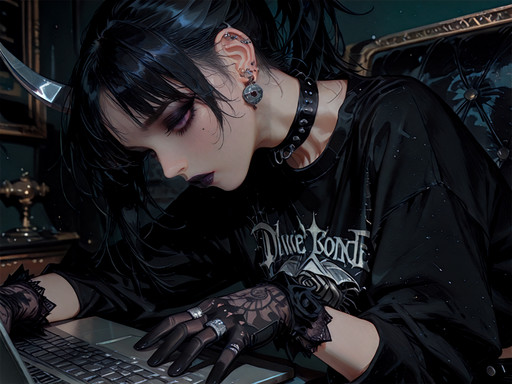 masterpiece, best quality, amazing quality, very aesthetic, high resolution, ultra-detailed, absurdres, newest, 1girl, goth theme, solo,high ponytail with spiked extensions hair,(digital lipstick, goth makeup, silver jewelry, character centered), metal horn attachments, embroidered rose pattern shirt, studded leather leggings, punk patchwork mantle, punk doc-inspired stompers, embroidered floral gloves, , typing intently on laptop, <lora:cunnyfunky-NAI-VPRED1.0-V1-locon-dim32alpha1-drop0.1-SNR3:1>