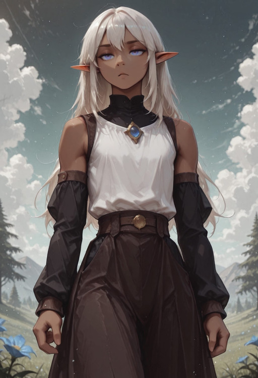 1 girl, ((solo)), androgynous, (Lapanya), ((3-fingers-1-thumb)):1.2, pointy ears, Garial, blue eyes, athletic body type, black Detached sleeves, white tunic, simple top, pretty,
Neutral expression, gold brooch, oval brooch, blue gemstone,
(Close up),
Outdoors background, sky, clouds,  trees, blue flowers,
clean lines, high quality, best quality, masterpiece, ((detailed fingers, perfect fingers, perfect nostrils)), rating: safe,