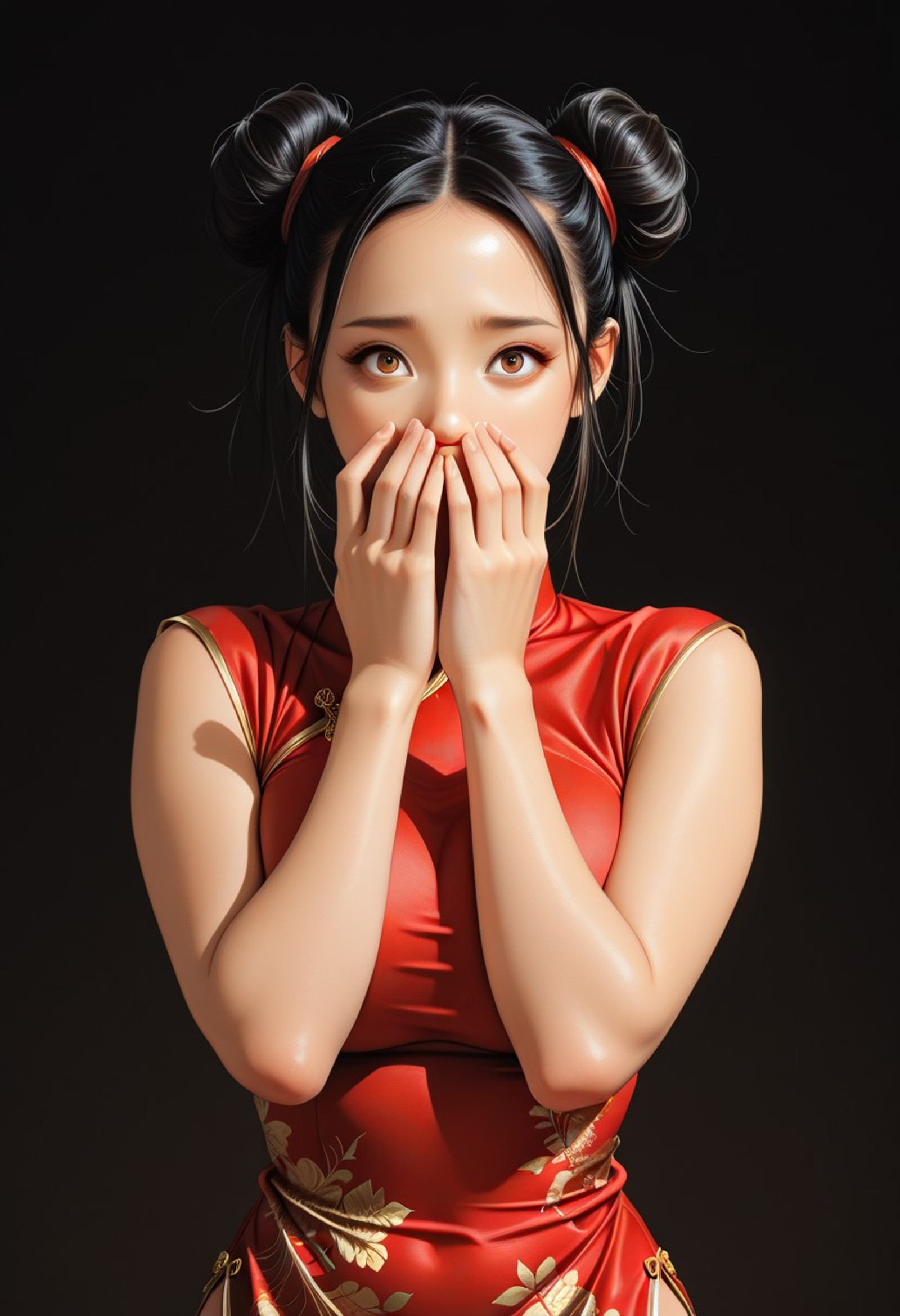 highres, masterpiece, amazing quality, best quality, highly detailed, (detailed eyes: 1.3), Asian, Jeddtl02, 1girl, (hands over mouth, dynamic pose, upper body, front_view: 1.3), (large breasts, red chinese dress: 1.1), solo, (double_bun, no bangs, no sideburns: 1.1), tied hair, black hair, forehead, wide-eyed, raised eyebrows, scared, brown eyes, looking at viewer, dramatic lighting, rim light, dark background