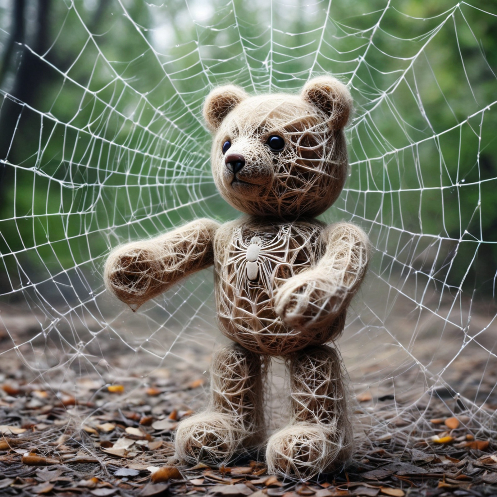 ( bear made of SpiderWeb:1.2), (no humans), SpiderWeb,
outdoor, scenery, blurred background, bokeh,
 <lora:allcobwebby:1>