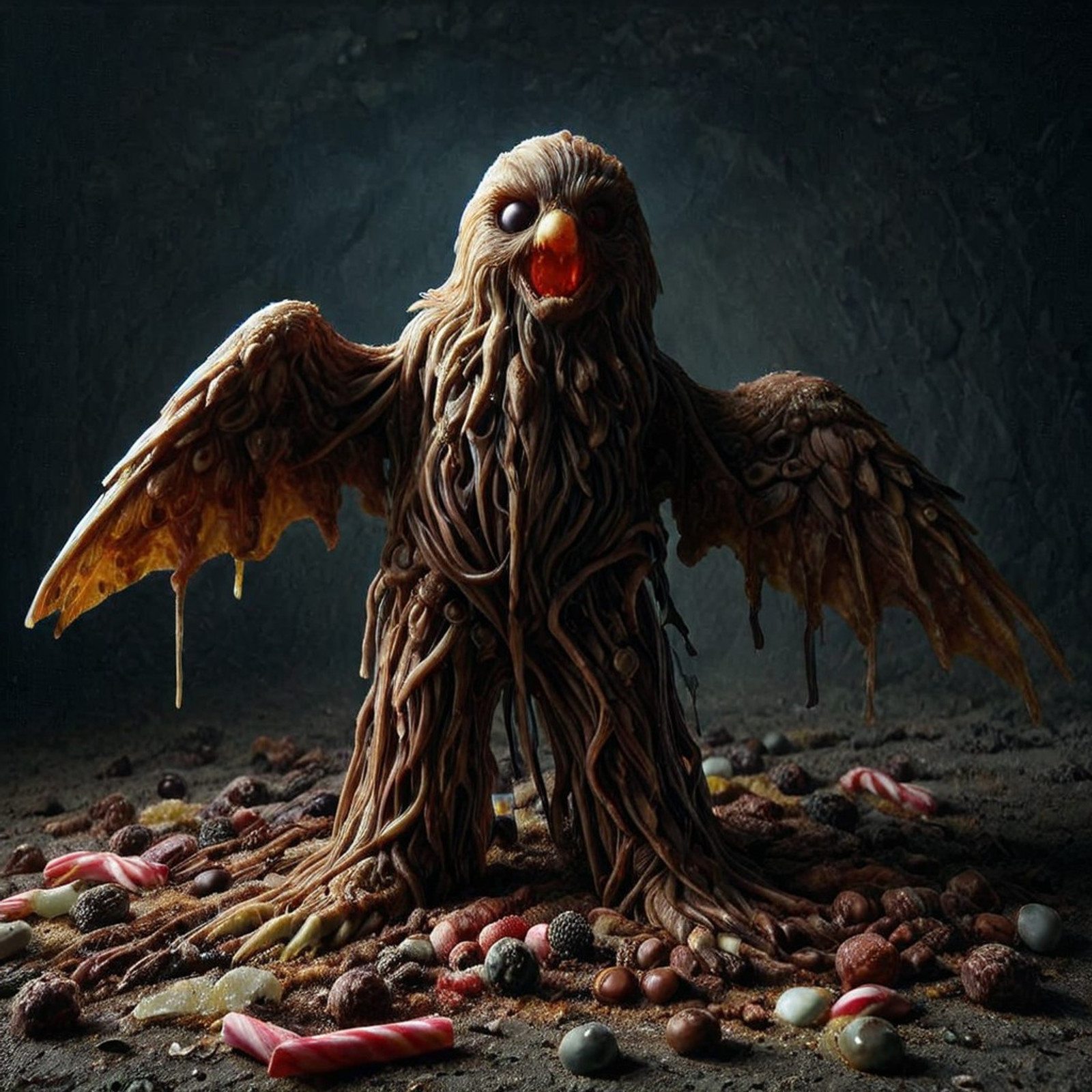 Stable_Yogis_PDXL_Positives, h0rr0rstyl3, masterpiece, best quality, amazing quality, very aesthetic, high resolution, ultra-detailed, absurdres, newest, eerie, stygical, gloomy, decay, haunting evil eagle made of candy, full body, light and shadow background, chiaroscuro background, outdoors, science fiction,