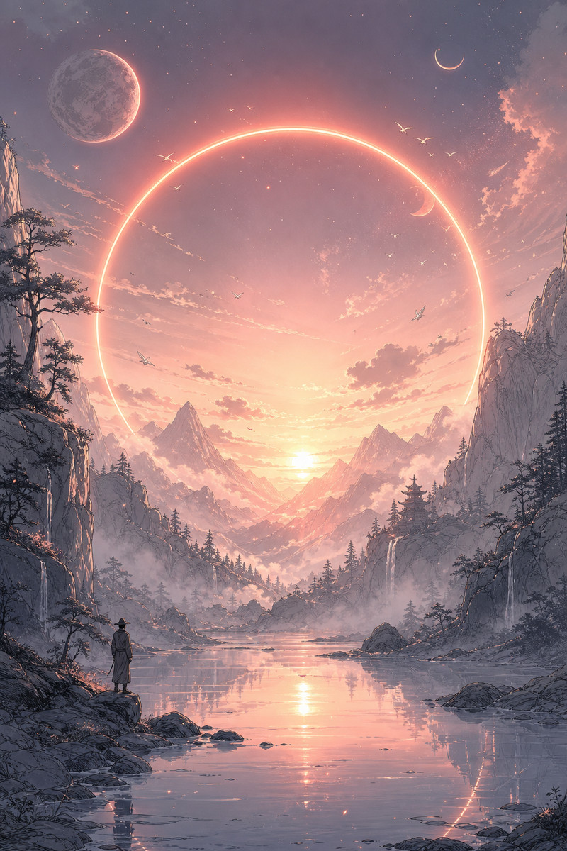 masterpiece, best quality, absurdres, ultra detailed, minimalist cosmic fantasy illustration, glowing neon cir
