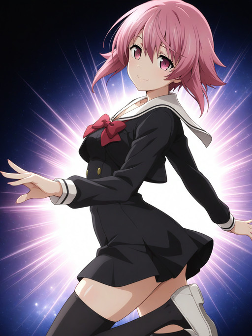 masterpiece,best quality,amazing quality,very aesthetic,absurdres,ultra detailed face,ultra detailed eyes, 4fingers, 1girl, contrast lighting, shiny skin, glossy skin, solo,
(SerikaOnoe, pink eyes, pink hair, short hair),
school uniform, short black dress, long sleeves, sailor collar, bowtie, black thighhighs, white loafers,
thigh focus, seductive smile, arched back