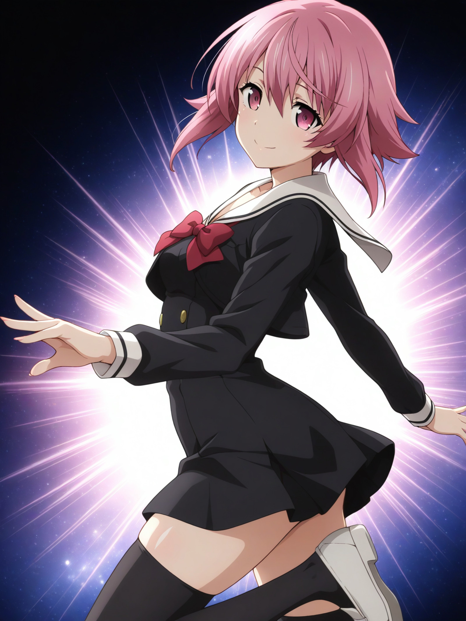 masterpiece,best quality,amazing quality,very aesthetic,absurdres,ultra detailed face,ultra detailed eyes, 4fingers, 1girl, contrast lighting, shiny skin, glossy skin, solo,
(SerikaOnoe, pink eyes, pink hair, short hair),
school uniform, short black dress, long sleeves, sailor collar, bowtie, black thighhighs, white loafers,
thigh focus, seductive smile, arched back