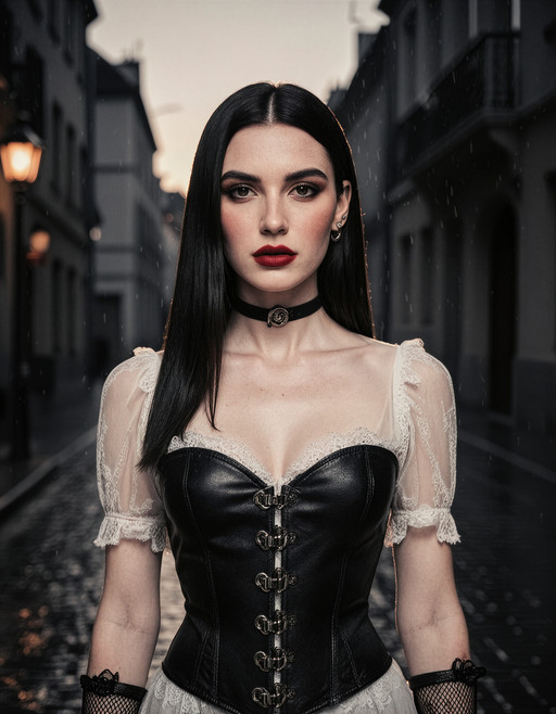 A realistic photographic  Medium Close-Up a realistic photographic image of a gorgeous gorgeous dark hair woman, ju_brz, , (hourglass body), (Gretchenfrisur hairstyle:1.6),,,,A pale-skinned woman with ebony hair and crimson-stained lips stands on a rain-slicked cobblestone alley at twilight, wearing a black leather corset cinched with antique silver buckles, layered over a sheer lace blouse, fishnet gloves tracing her arms, her smoky eye makeup illuminated by a single amber lantern glow. Raised eyebrows,clear focus, (high resolution image),
