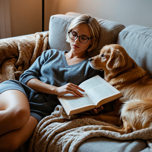 ultra-detail, absurdity, hyper-quality, 8K, cinematic lighting, cozy setting, beautiful woman in her 30's laying on a couch, blanket across her legs. Blond short hair, thin wire framed glasses, holding a book against her in one hand reading, other hand gently resting on her golden-retriever resting beside her on the couch