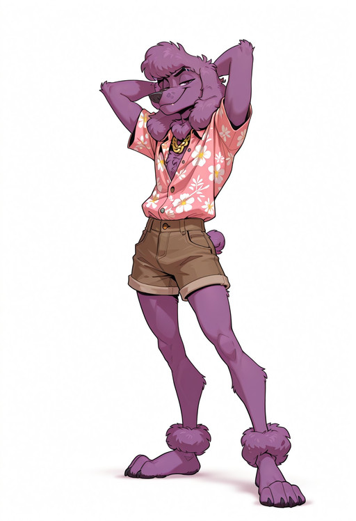 by Kihu, 1boy, (masterpiece, best quality:1.4), fine and intricate details, high quality, very asthetic, highres, absurdres, full body view, furry, male, gay male, (Jean Phillipe), slender body, poodle, purple fur, shorts, unbuttoned floral shirt, hands behind head, pose, smug expression, narrowed eyes, looking at viewer, plain white background, gold chain necklace, eyebrow slit,