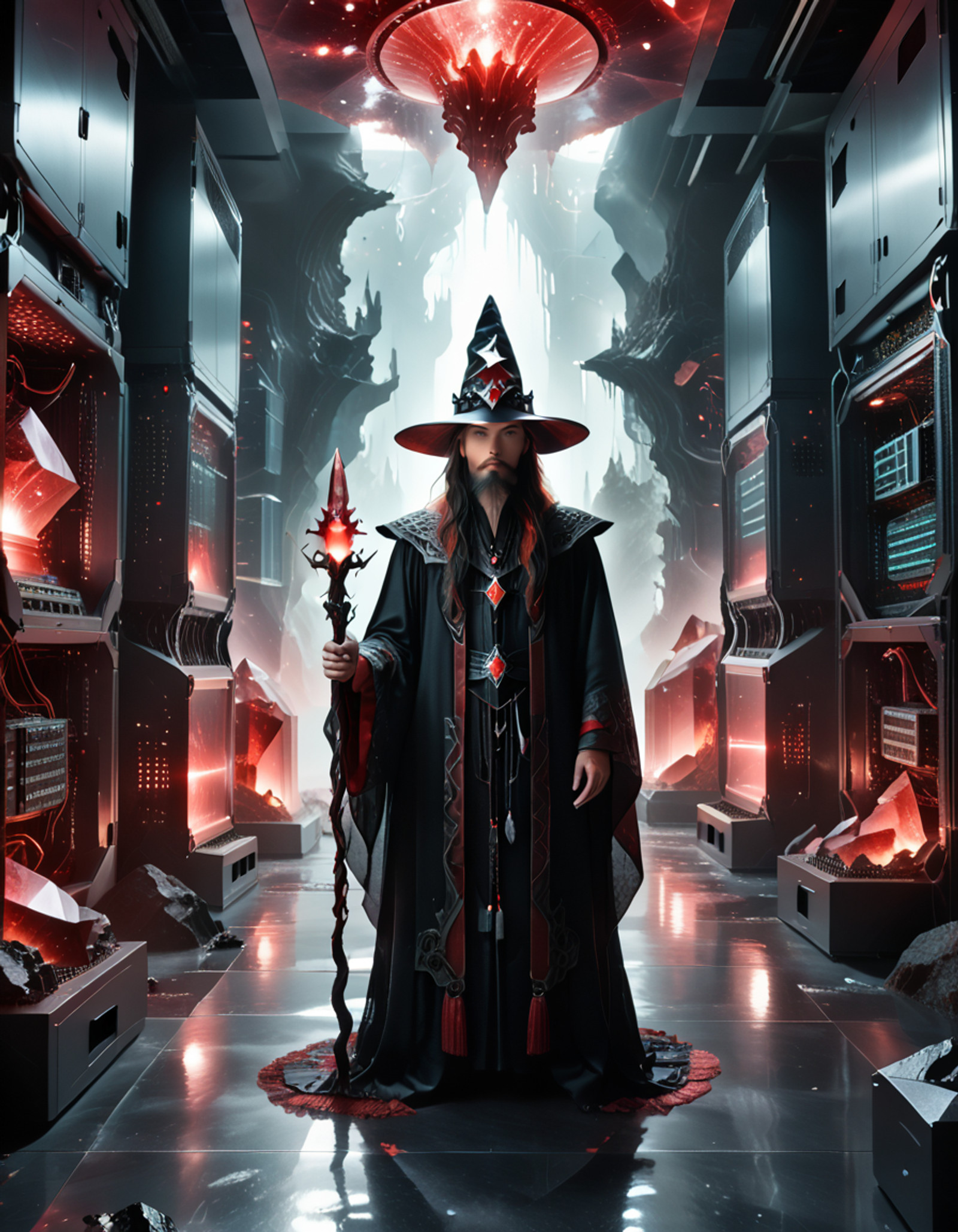 in a breathtaking scene bursting with obsidian shards, glowing reds, misty atmospheres, and that irresistible crystalline allure
lazypos,   <lora:add-detail-xl:0.85>     <lora:Obsidianify:1> A  wizard in a pointy hat holding a wand in a massive computer server room