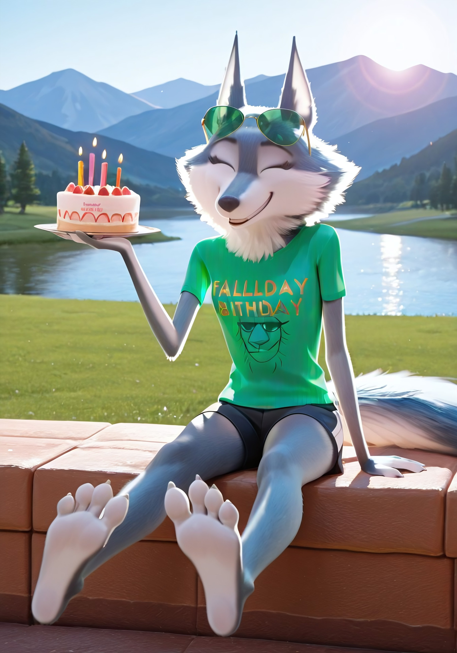 4k, amazing quality, masterpiece, solo, 1girl, wolf girl, mature female, furry, furry female, looking at cake, smiling, happy smile, cheerful smile, sweet smile, fullbody, sitting, hilltop, sitting against a tree, Holding a birthday cake, birthday cake, cake, birthday ballons, birthday candles, cute, full body, Porsha, Porsha Crystal, eyes closed while blowing birthday cabdles, perfect face, white-blue fur, wolf girl, wolf ears, wolf tail, green t-shirt, small breasts, black gym shorts, bare legs exposed, barefoot, humanoid wolf feet, five toes, detailed humanoid wolf feet, foot fetish, feet focus, foot focus, humanoid Anthro wolf feet, five toes, detailed five toes, 5 toes, claws, toe claws, razor sharp toenails, toes spreading, toes wiggling, soles, sunglasses, eyewear on head, green eyewear, outdoors, Valley, mountains, lake, big lake, landscape, Fall mountains, Daytime, Sun Shining,