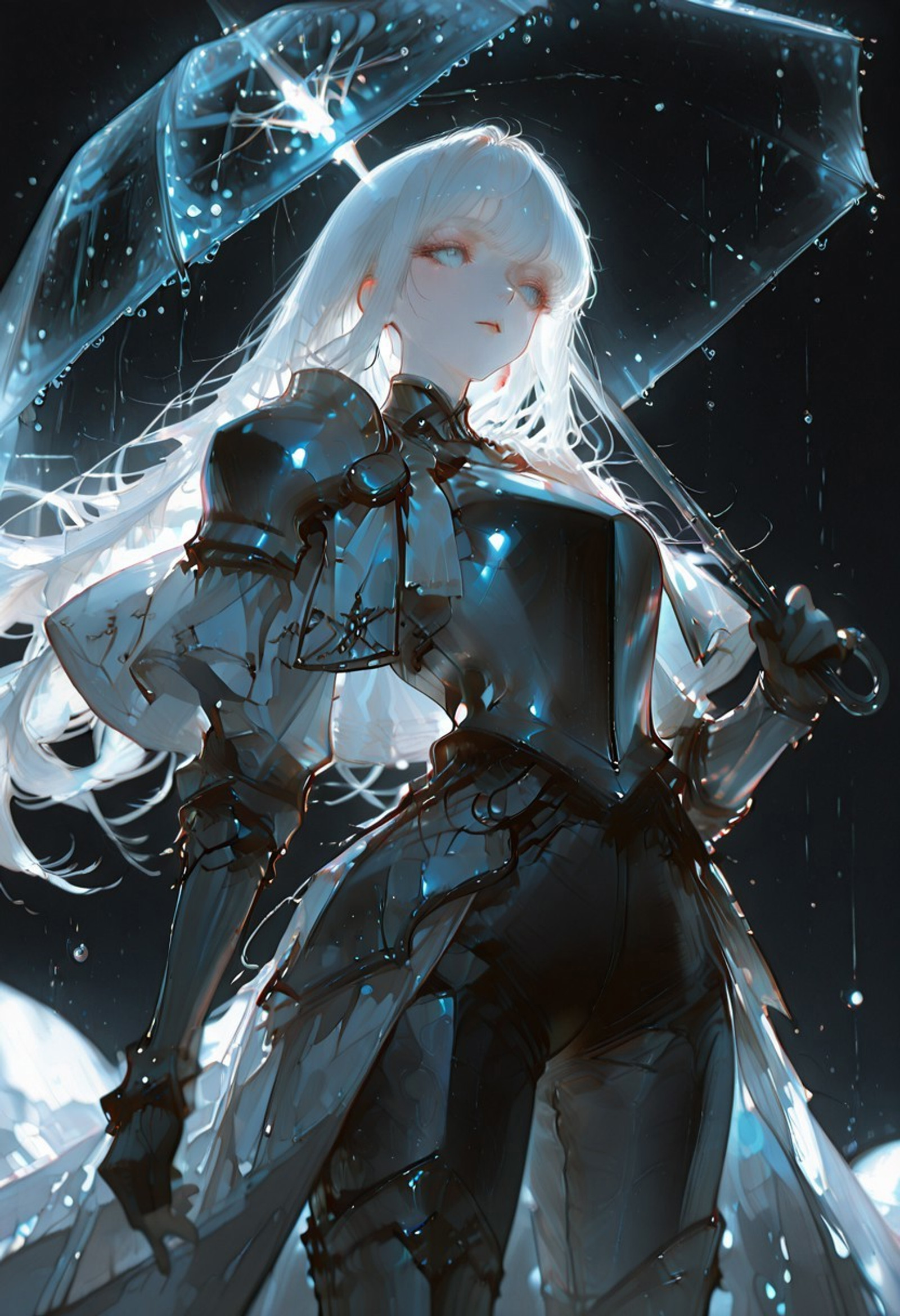 (EyesHD:1.2), (4k,8k,Ultra HD), masterpiece, best quality, ultra-detailed, very aesthetic, depth of field, best lighting, detailed illustration, detailed background, beautiful face, beautiful eyes, soft lighting, bloom effect, blur dark background, eyelashes, 
1girl, solo, Galaxia, chestplate, pauldron, capelet, waist skirt, faulds, thigh armor, boots,
( watercolor_\(medium\), painterly:1.2), dim_lighting, soft_shadows, fantasy, holding transparent umbrella, standing gracefully, raindrops falling, umbrella glowing under rain, puddles rippling beneath knee, cowboy shot,
The umbrella and the long hair are distinct elements, not touching each other.
BREAK (rella:1.2), (redum4:1.2) (au \(d elete\):1.2) (dino \(dinoartforame\):1.1),
