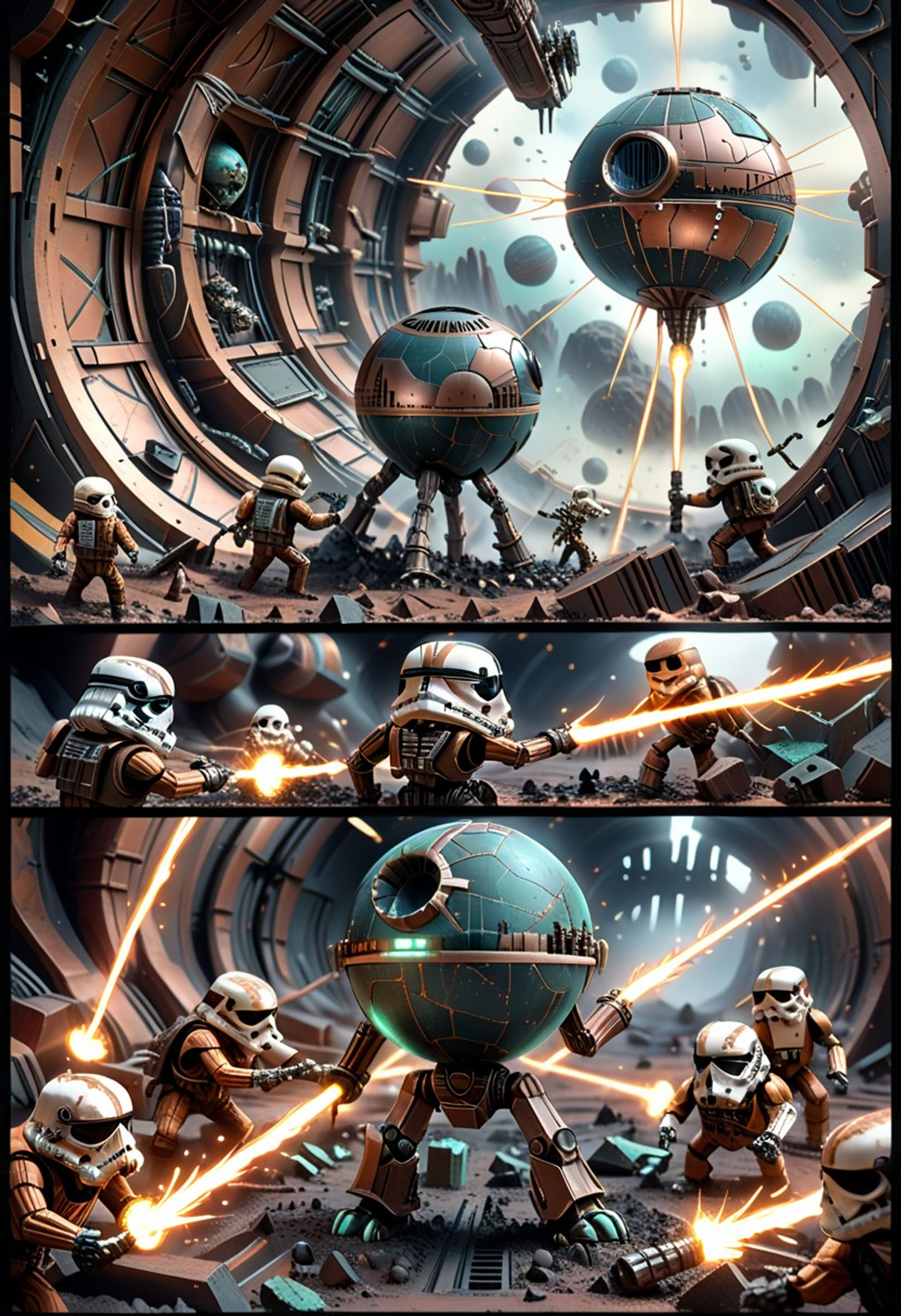 {
  "subject": "Gigantic copper Death Star, skeleton cowboy BoneMetal the wire wrangler",
  "appearance": "Death Star: massive spherical copper battle station with thick riveted bronze panels, verdigris bulging from superlaser dish scar, exhaust trench with copper bellows smoking; Cowboy: rattling bones in chaps of engraved bronze, stetson patina-stained, sunglasses crooked, lasso as copper wire bullwhip",
  "action": "Death Star sideswiping asteroid while cowboy lassos trench in fail rodeo, tauntaun slipping on verdigris puddles",
  "setting": "starfield derby near Alderaan metal pile, TIE fighters as fly swarm",
  "lighting": "explosive copper core glow, metallic rim lights on bones and panels",
  "atmosphere": "creaking metal chaos, humid forge debris fog",
  "composition": "wide cinematic shot, Death copper center with lassoing absurdity",
  "details": "floating verdigris scraps, panicking fighters, hyper-detailed rivets and bone cracks",
  "technical": "SDXL epic satire, sharp focus, 8k patina textures, dynamic motion",
  "trigger_word": "copper, bronze"
}
