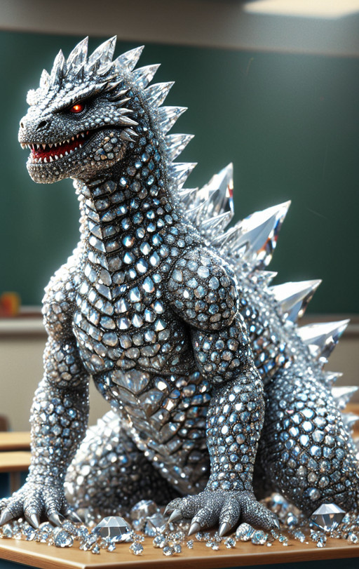 diamondMW, sparkly, <lora:Diamond_World_Morph:0.8> countless diamonds, (Godzilla:1.0), (shiny:0.5), elaborate, (ultra realistic:1.2), classroom background, safe_pos