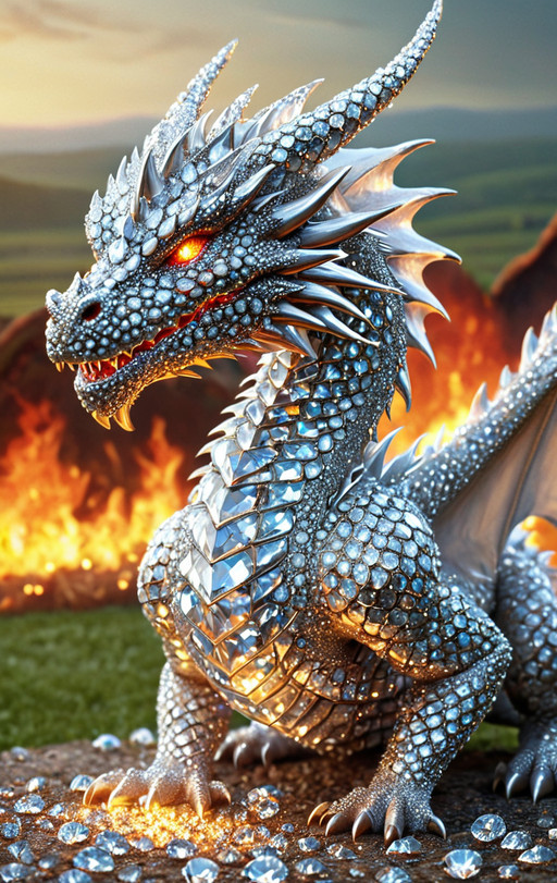 diamondMW, sparkly, <lora:Diamond_World_Morph:0.7> countless diamonds, (fire-breathing Dragon:1.1), (shiny:0.7), elaborate, (ultra realistic:1.2), farm background, safe_pos