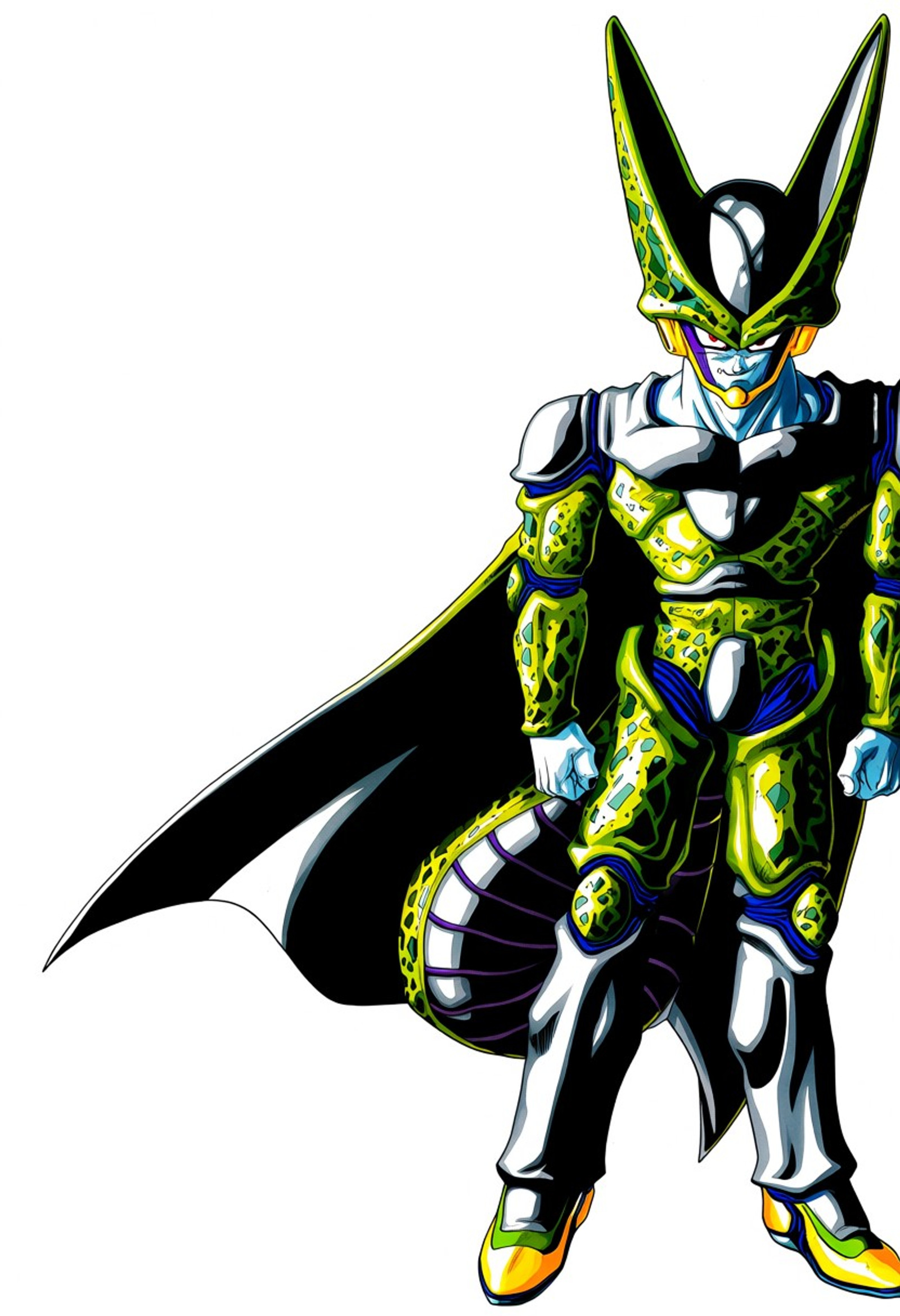 4kir4_Tor1, bold thick black outlines, dynamic line art, sharp cel-shading, high contrast, character: perfect cell_(dragonball), full body, standing, 1boy, wvil grin, uneven eyes, solo, white background, red eyes, simple background, looking at viewer, serious, colored skin