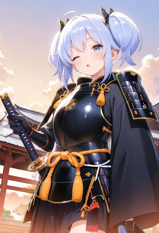 masterpiece,best quality,absurdres,1girl,
one eye closed,;o,
holding,katana,east asian architecture,outdoors,
<lora:training_5545125-20260302075658210:1>,sunao,hair ornament,
full armor,japanese armor,