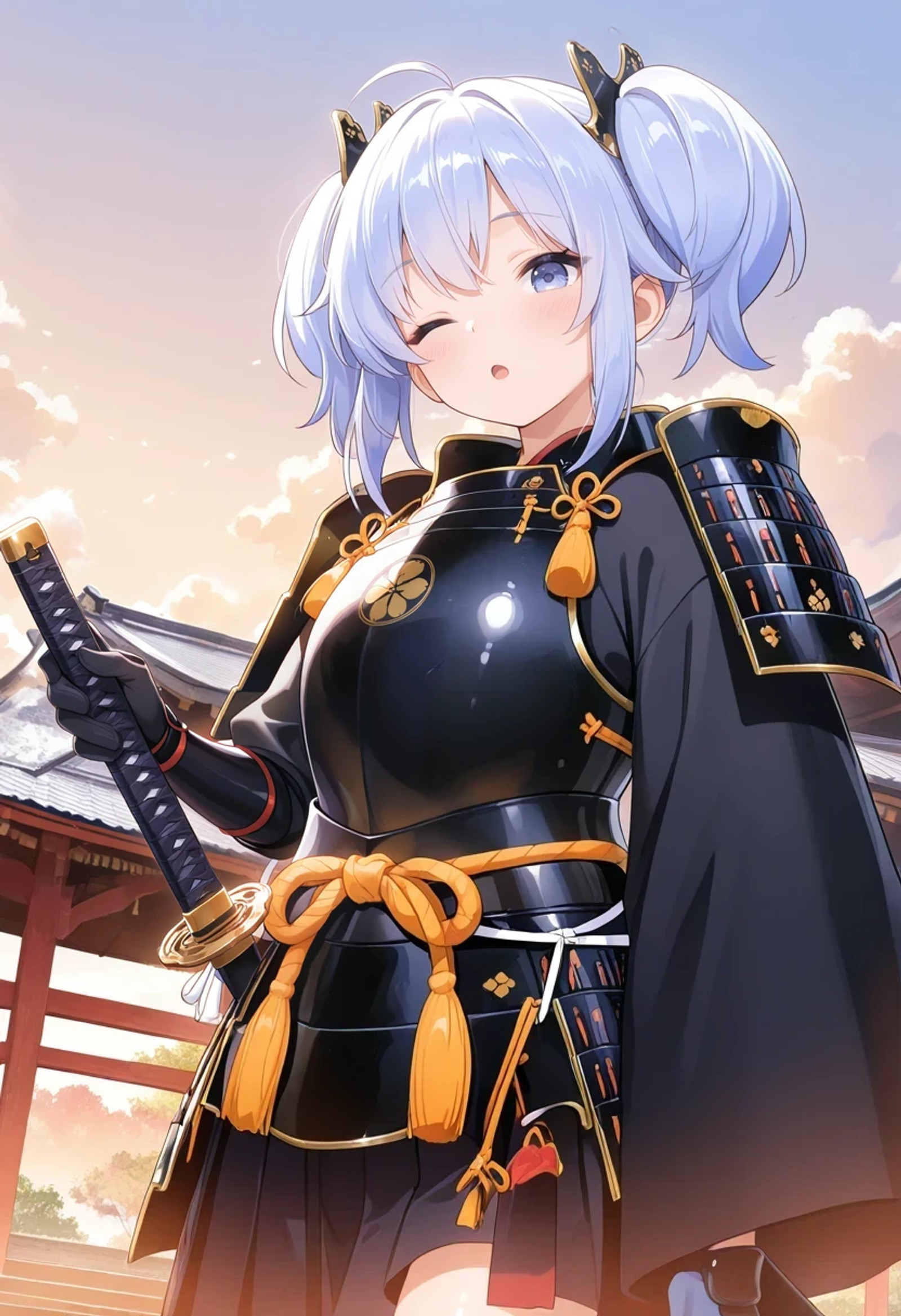 masterpiece,best quality,absurdres,1girl,
one eye closed,;o,
holding,katana,east asian architecture,outdoors,
<lora:training_5545125-20260302075658210:1>,sunao,hair ornament,
full armor,japanese armor,