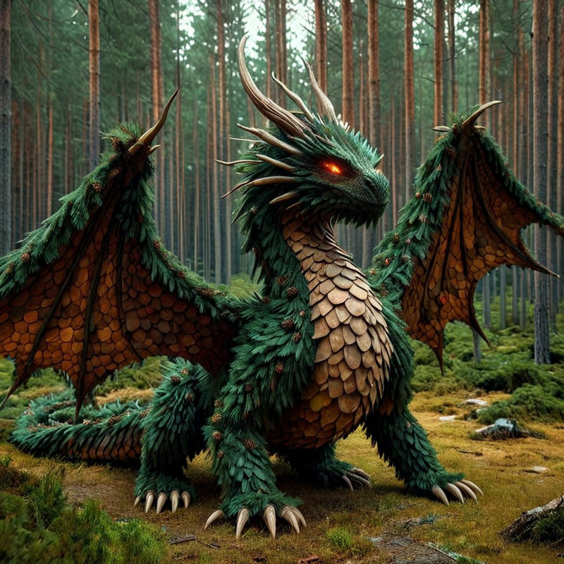 cinematic, h0rr0rstyl3, dragon made out of fir needles on an empty surface, full body, digital art