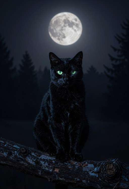 HYFpunk, black cat with intense luminous green eyes, alert calm posture, seated on a weathered branch, emotionally charged nocturnal animal portrait, isolated moonlit wilderness atmosphere, deep night sky with oversized glowing moon, distant forest silhouettes fading into atmospheric haze, subtle stars and nocturnal environmental depth, emotional solitude, quiet tension, surreal nocturnal stillness, low cinematic perspective, centered hero composition, animal dominating frame, strong symmetrical visual balance, moderate depth of field preserving environmental readability, cinematic 50mm lens look, dramatic moonlit backlighting creating soft rim illumination around fur silhouette, cool cyan ambient fill across body contours, subtle reflective eye highlights, deep contrast shadows, cinematic neon realism, emotional urban surrealism, photorealistic fur rendering, restrained electric cyan and acid green nocturnal color grading, atmospheric haze, subtle chromatic aberration, optical softness, gritty analog texture, symbolic emotional storytelling, exact single animal focus, anatomically coherent feline proportions, clean whisker detail, high fidelity fur texture <lora:ta86_yal_HYFpunk_V1:0.6>