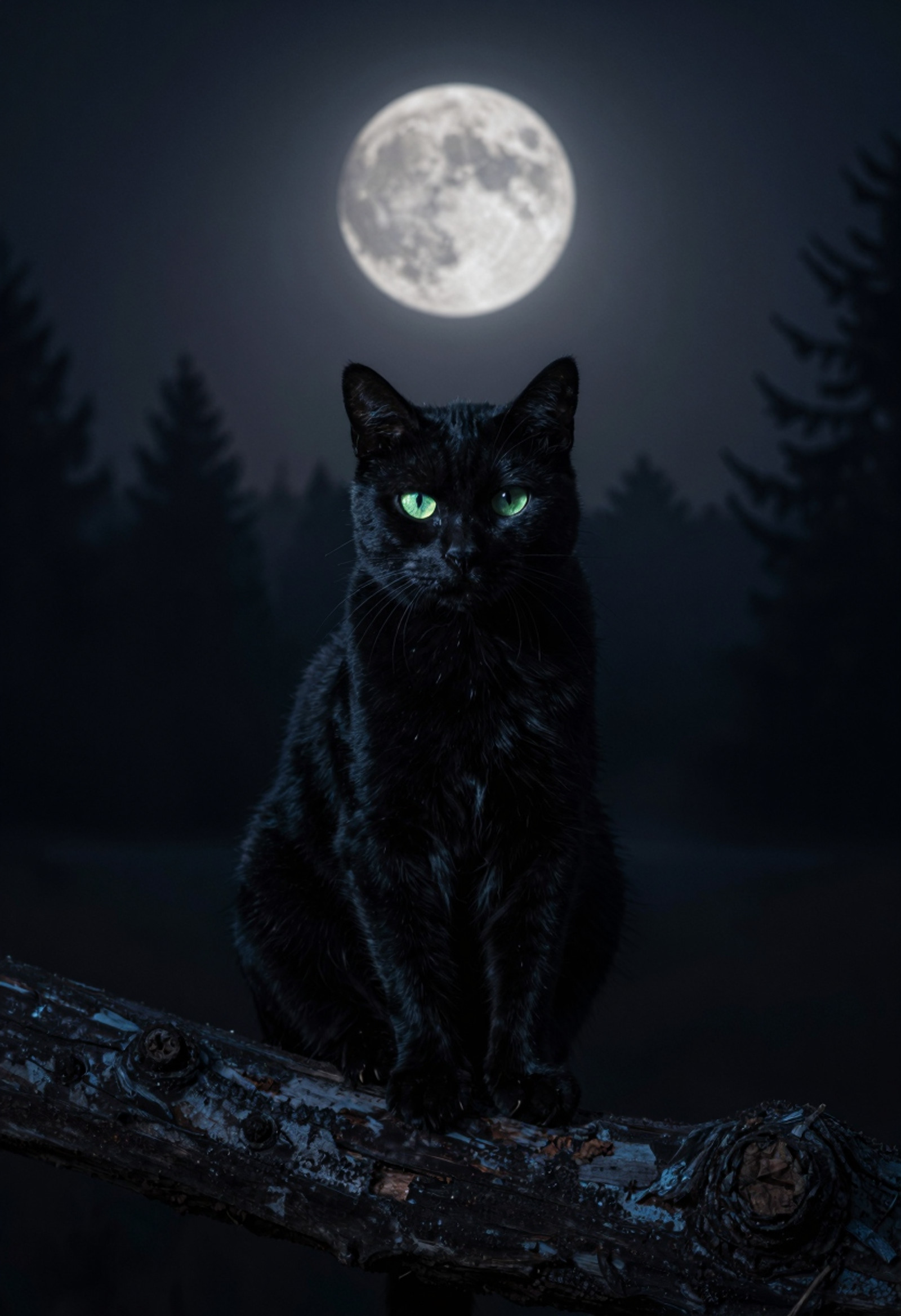 HYFpunk, black cat with intense luminous green eyes, alert calm posture, seated on a weathered branch, emotionally charged nocturnal animal portrait, isolated moonlit wilderness atmosphere, deep night sky with oversized glowing moon, distant forest silhouettes fading into atmospheric haze, subtle stars and nocturnal environmental depth, emotional solitude, quiet tension, surreal nocturnal stillness, low cinematic perspective, centered hero composition, animal dominating frame, strong symmetrical visual balance, moderate depth of field preserving environmental readability, cinematic 50mm lens look, dramatic moonlit backlighting creating soft rim illumination around fur silhouette, cool cyan ambient fill across body contours, subtle reflective eye highlights, deep contrast shadows, cinematic neon realism, emotional urban surrealism, photorealistic fur rendering, restrained electric cyan and acid green nocturnal color grading, atmospheric haze, subtle chromatic aberration, optical softness, gritty analog texture, symbolic emotional storytelling, exact single animal focus, anatomically coherent feline proportions, clean whisker detail, high fidelity fur texture <lora:ta86_yal_HYFpunk_V1:0.6>