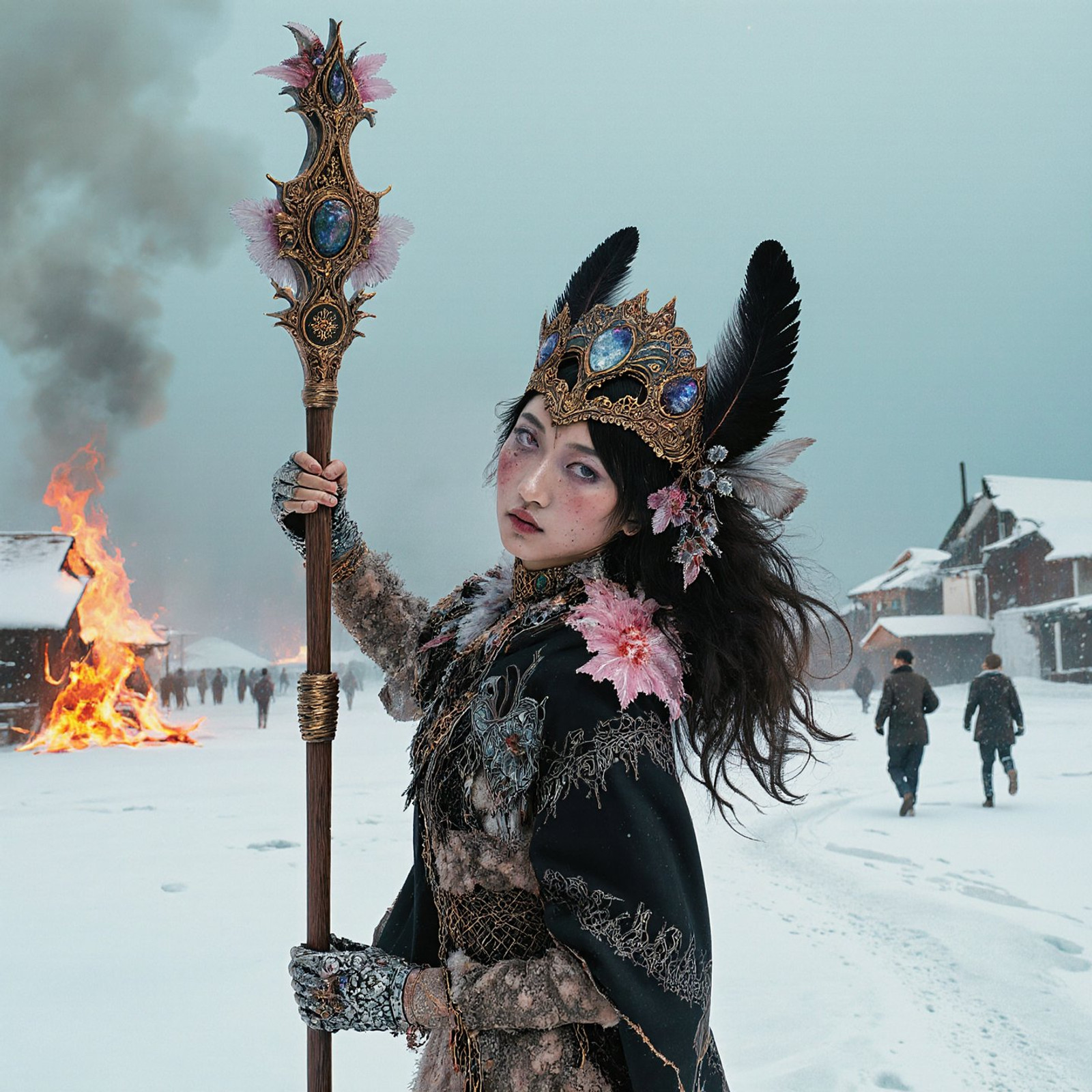 Academicism, arcane, low-angle view, Taiwanese, impossible, light-toned photo of heavenly adult punk clothed feathered diseased Peruvian staff, (made of wenge:1.21), wearing smoky quartz wreaths, playing on a bright pristine burning Viking village, intricate black and rose and silver fractal details, damaged, minimalist, billowing bright snow, very detailed, . The background is misty, teal and brass. In the distance there is people sprinting. Cinematic, ultra photorealistic, 8K. <lora:Vividator_epoch_8:0.9> <lora:Paper_Marbling_Flux:0.5>