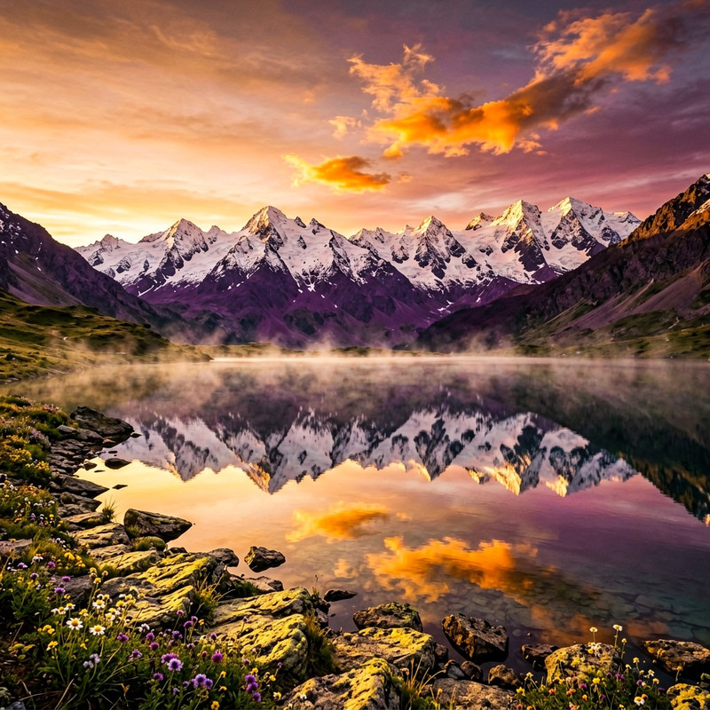A magnificent sunset over an alpine lake with snow-capped mountain peaks reflected perfectly in the still wate