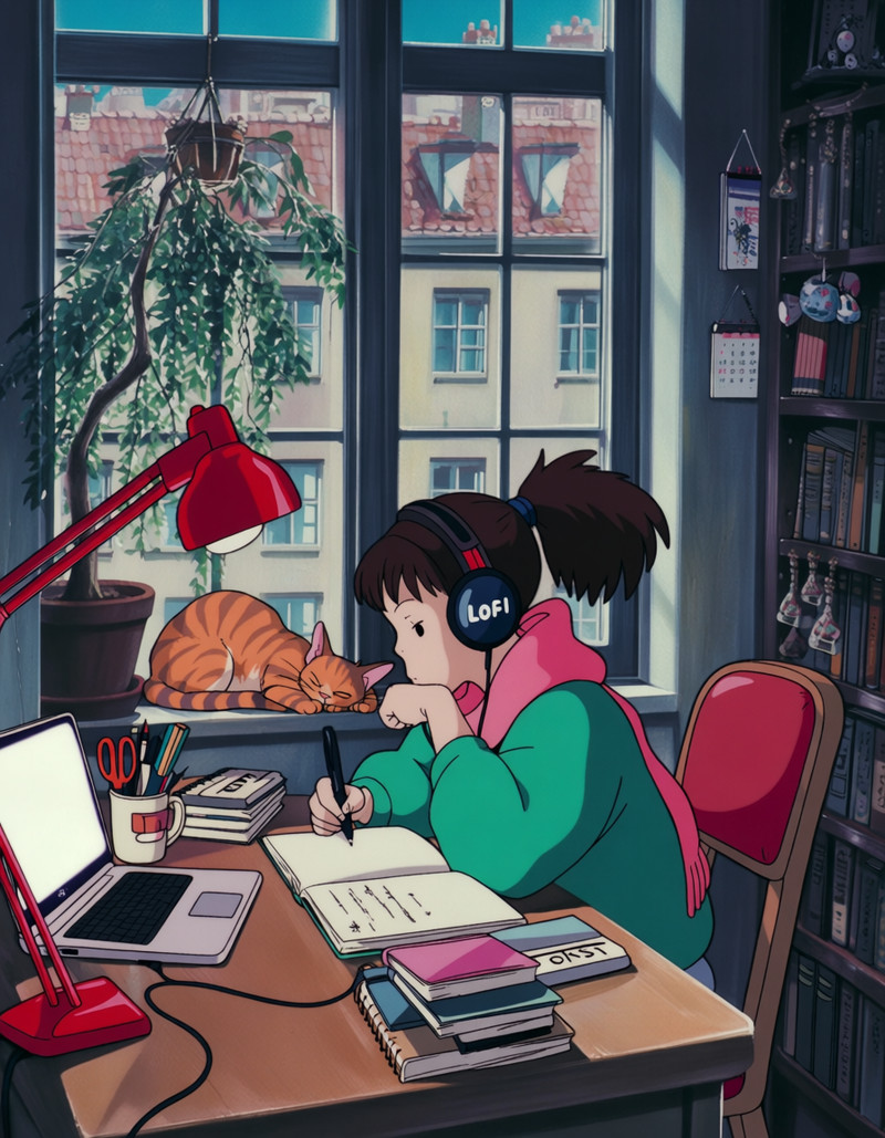 a ghibli style image of a student girl, seated at a wooden desk positioned directly in front of a large window