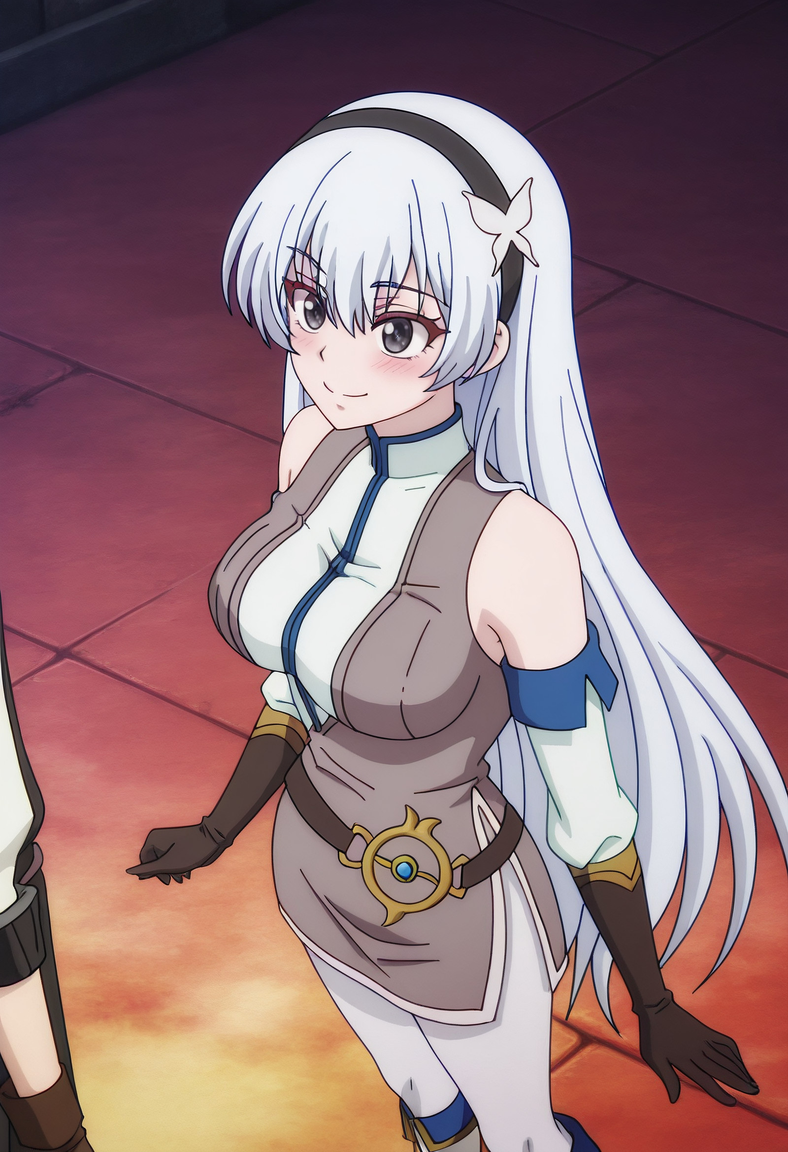    masterpiece, best quality, amazing quality, anime_screencap, anime_coloring, Happy, wide smile, cheeks puffed slightly, eyes sparkling, soft blush, feeling of bliss, MGYKrasia, long_hair, very_long_hair, hairband, black_hairband, white_hair, hair_between_eyes, grey_eyes,  solo, KrasiaOutfit, bare_shoulders, brown_gloves, detached_sleeves, hair_ornament, grey_dress, white_shirt, black_belt, butterfly_hair_ornament, boots, short_dress, turtleneck, knee_boots, white_pantyhose, grey_sleeves, long_sleeves, elbow_gloves, side_slit, white_footwear,  from side, high-angle view, <segment:girl's face,0.55,0.2//cid=11> Happy, wide smile, cheeks puffed slightly, eyes sparkling, soft blush, feeling of bliss, MGYKrasia, long_hair, very_long_hair, hairband, black_hairband, white_hair, hair_between_eyes, grey_eyes, 