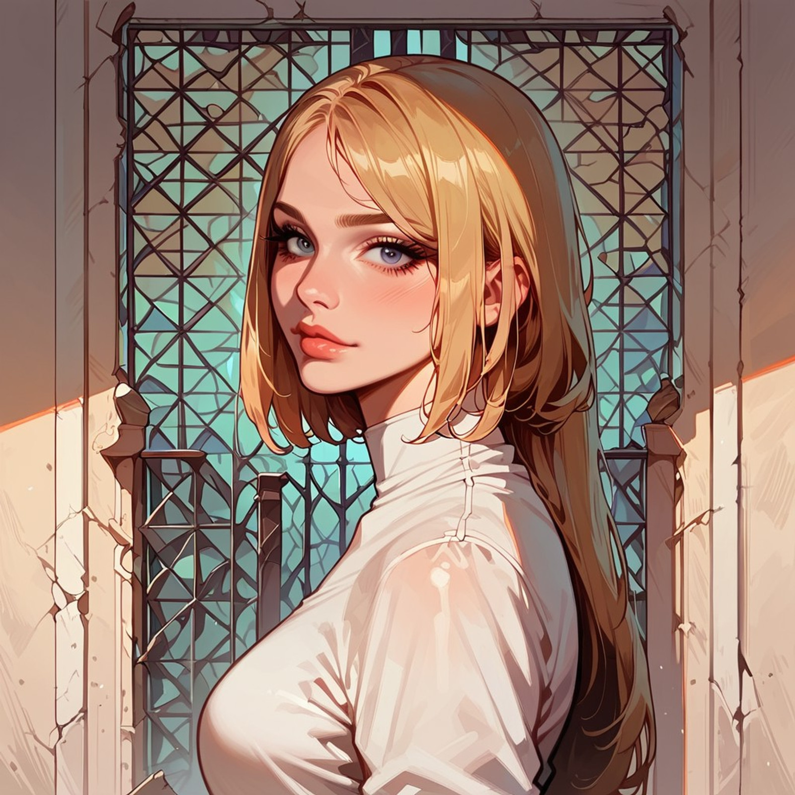 score_9, score_8_up, score_7_up, masterpiece, ( main character: solo, 1 woman, long beautiful, blonde-hair, good_hands, looking_at_viewer , detailed face, wearing trousers), ruined building in background
