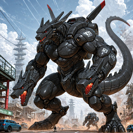 solo, 1boy, detailed background, mech, outdoors, macro, black body, red eyes, tail
