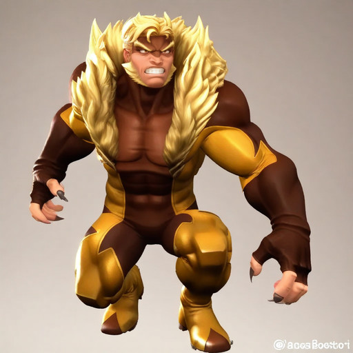 <lora:sabertoothIL:1>,sabertoothIL, solo, blonde hair, 1boy, gloves, male focus, boots, teeth, dark skin, fingerless gloves, muscular, bodysuit, facial hair, dark-skinned male, beard, yellow bodysuit