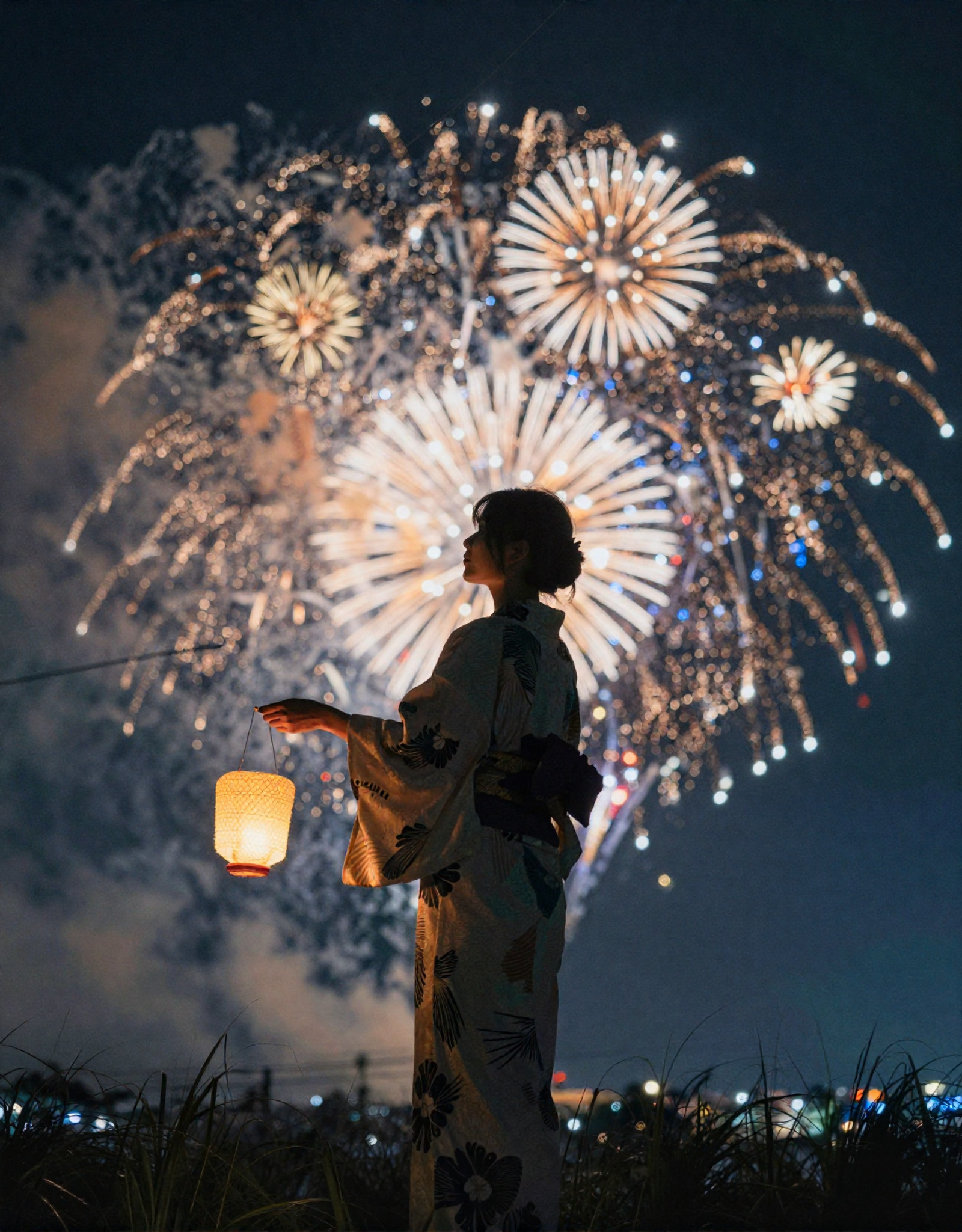 A cinematic night scene capturing a young woman in traditional Japanese attire standing in a field, watching a spectacular fireworks display in the sky. The composition is backlit, rendering the woman mostly in silhouette while emphasizing the brilliant explosions behind her.

The woman stands slightly off-center, holding a small glowing lantern in one hand. The lantern emits a soft warm yellow light, illuminating part of her hand and sleeve. She wears a traditional yukata with subtle patterns, and her hair is styled neatly, possibly tied back or in a simple traditional arrangement.

Her posture is calm and upright, facing the fireworks, with her head slightly tilted upward. Her silhouette is elegant and clearly defined against the bright bursts of light.

The background sky is filled with multiple layers of fireworks exploding in different sizes and stages. Large central bursts radiate outward in symmetrical patterns, with fine streaks of light extending like spokes. Smaller fireworks bloom around them, creating depth and layering. Trails of sparks arc downward, leaving glowing paths.

The foreground includes silhouettes of grass and plants, adding depth and framing. Thin utility wires may faintly cross the scene, adding a subtle urban touch without distraction.

Lighting is dramatic and high contrast: bright, colorful fireworks (gold, white, orange, hints of blue) against a deep dark blue night sky. The lantern adds a secondary warm light source, balancing the composition.

The color palette is rich and vibrant, with strong warm highlights from fireworks contrasted against cool dark tones. The scene feels festive, nostalgic, and cinematic.pure immersive visual storytelling.

Shot with a telephoto lens, shallow depth of field, long exposure feel for fireworks trails, ultra-detailed sparks, cinematic lighting, high contrast, HDR rendering, film still aesthetic, ultra high resolution.