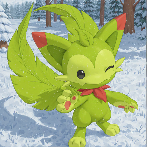 masterpiece,best quality,good quality,digital painting,(close up:1.2),in winter,front view,white background,solo,<lora:miaowu_0003__roco_kingdom__epoch_10:1>,miaowu,roco kingdom(creature),green body,small eyes,claws,two tails,claws,looking at viewer,;d,standing,leg up,