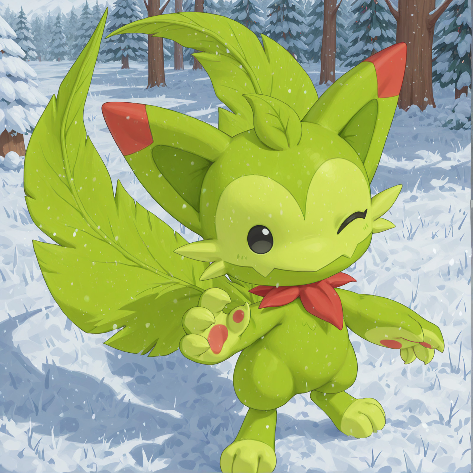 masterpiece,best quality,good quality,digital painting,(close up:1.2),in winter,front view,white background,solo,<lora:miaowu_0003__roco_kingdom__epoch_10:1>,miaowu,roco kingdom(creature),green body,small eyes,claws,two tails,claws,looking at viewer,;d,standing,leg up,
